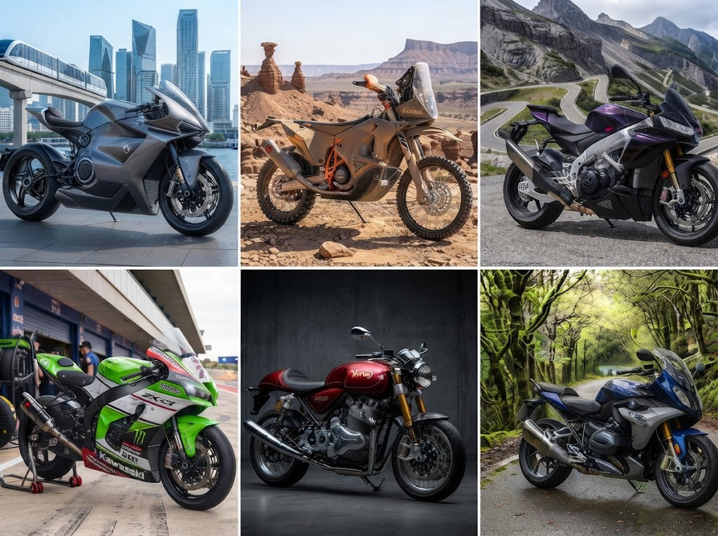 A 6-panel photo collage featuring six different motorcycles in distinct settings, laid out in a clean grid with thin borders