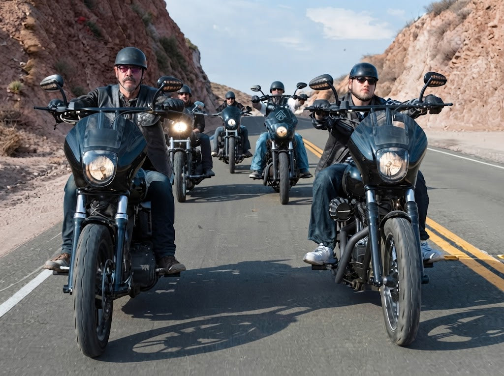 Group of bikers riding cruiser motorcycles on a California highway at sunset