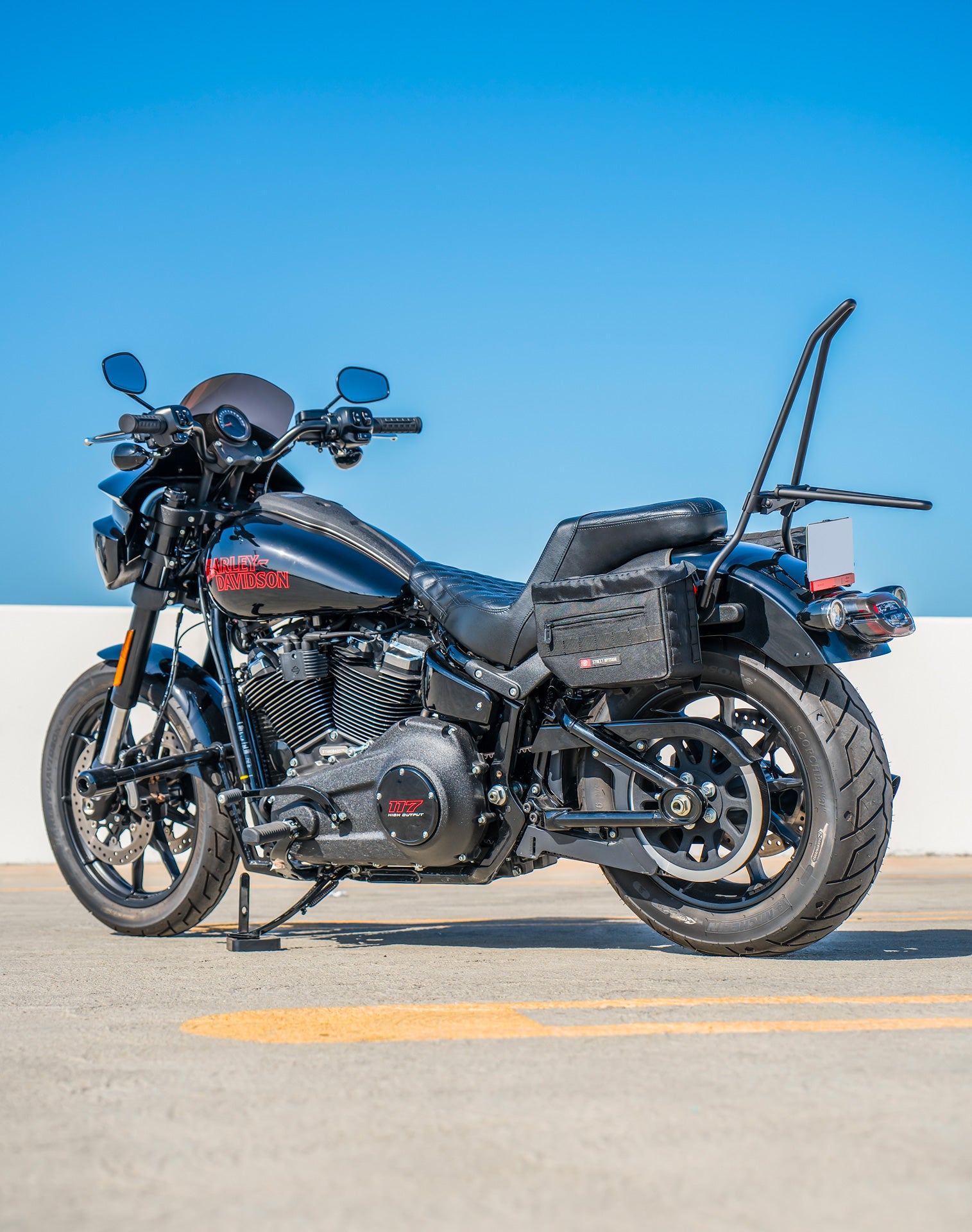 10L - Patriot Small Throw Over Saddlebags For 2025+ Harley Softail Low Rider S FXLRS Vertical Lifestyle