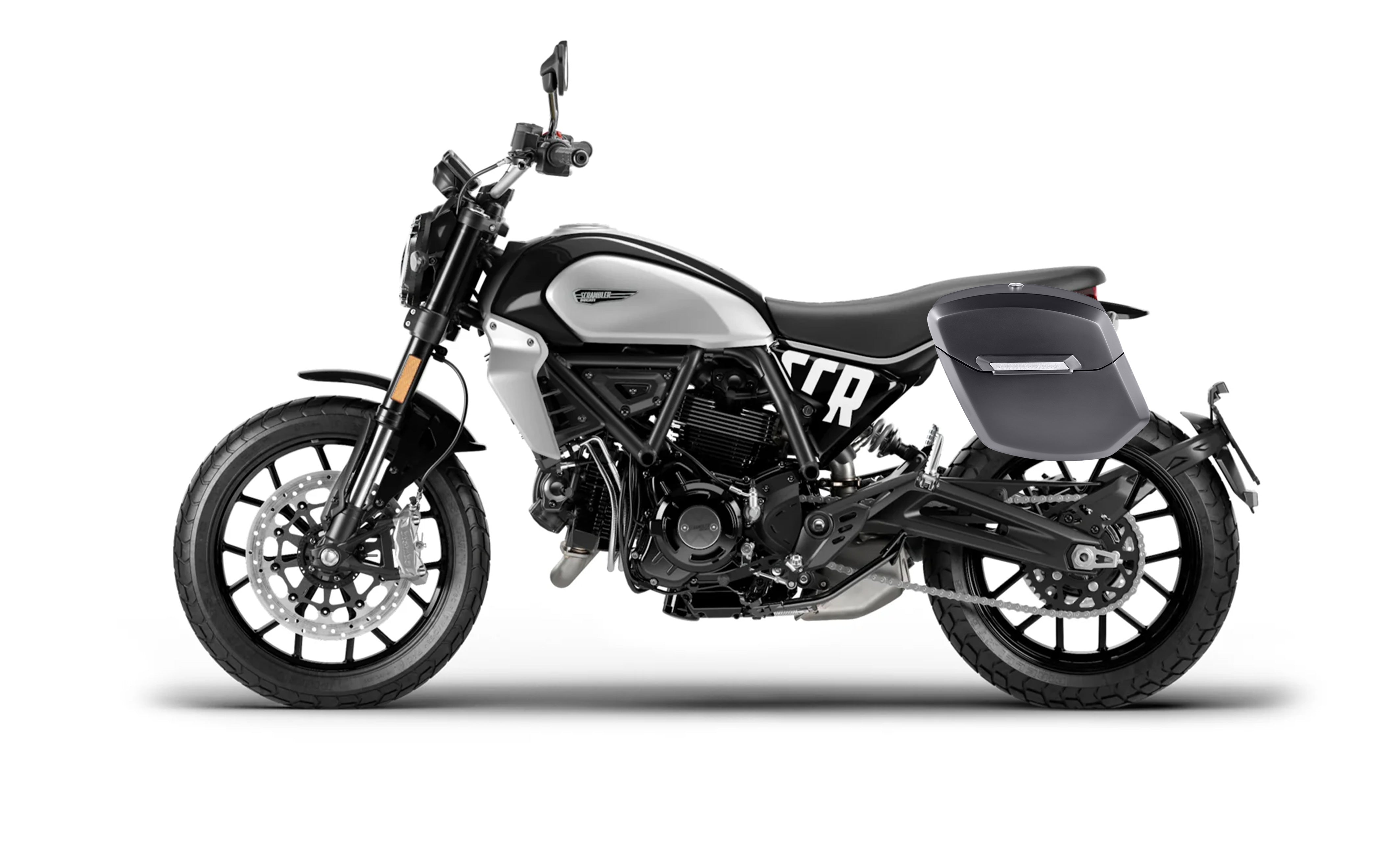 12L - Ironclad Quick Mount Medium Ducati Scrambler (2018-2022) Matte Hard Solo Saddlebag (Left Only) Bag on Bike @expand