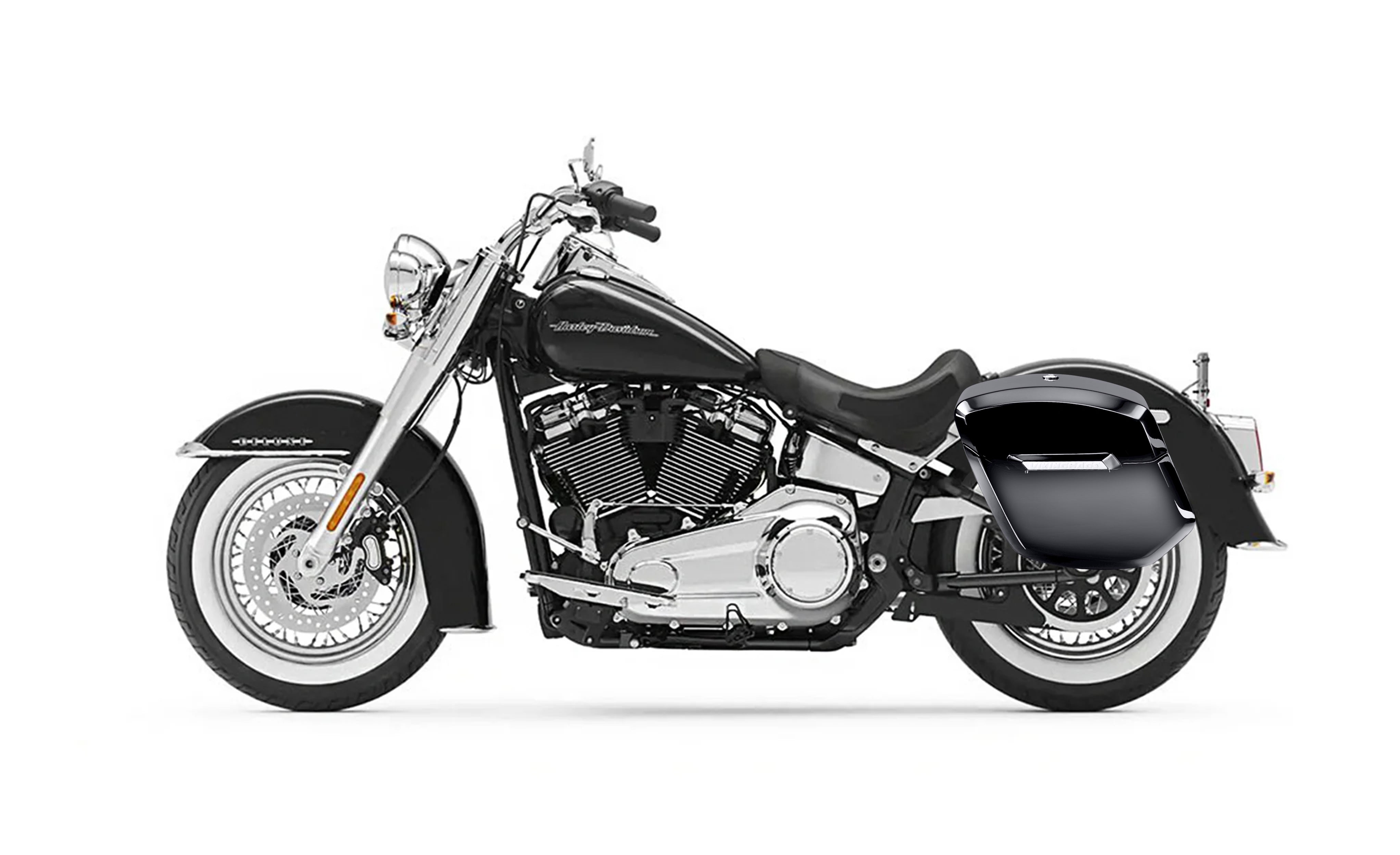 12L - Ironclad Quick-Mount Medium Harley Softail Deluxe FLDE Painted Hard Solo Saddlebag (Left Only) Bag on Bike @expand