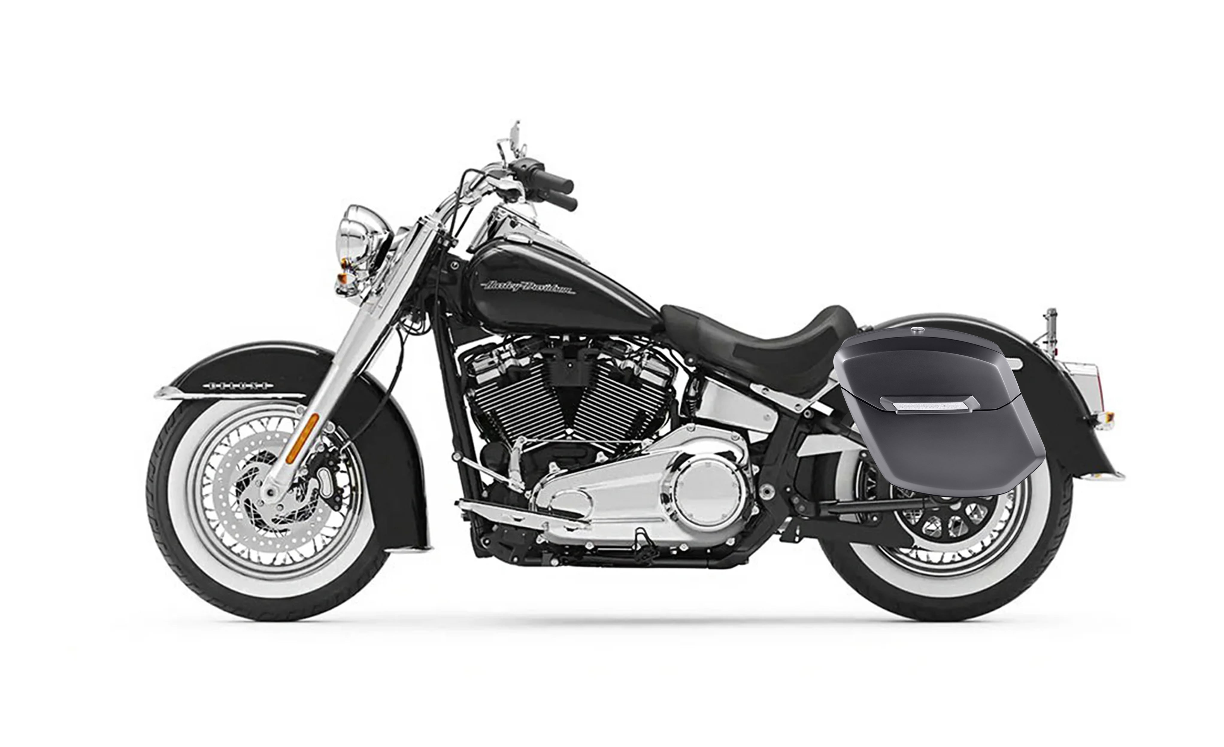 12L - Ironclad Quick Mount Medium Harley Softail Deluxe FLDE Matte Hard Solo Saddlebag (Left Only) Bag on Bike @expand