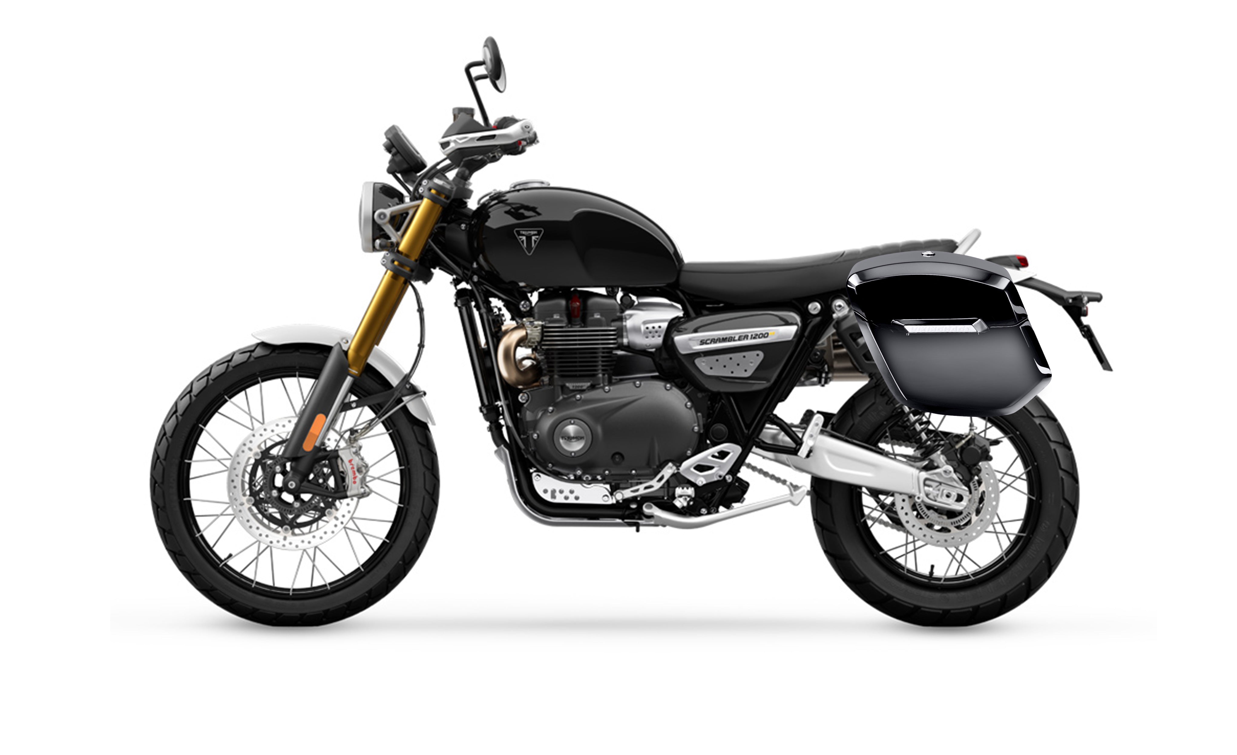 12L - Ironclad Quick-Mount Medium Triumph Scrambler 1200 Painted Hard Solo Saddlebag (Left Only) Bag on Bike @expand