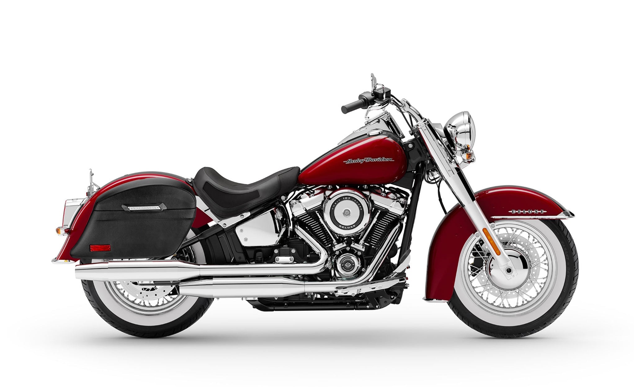 44L - Lamellar Stallion Extra Large Leather Covered Hard Saddlebags for Harley Softail Deluxe FLDE Bag on Bike @expand