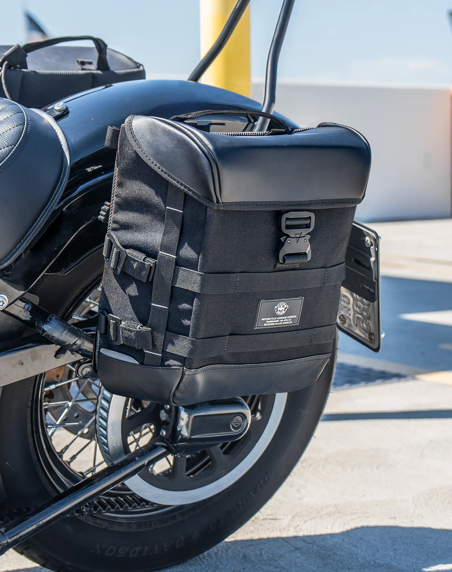 15L - Incognito Quick Mount Medium Harley Softail Slim FLS Solo Saddlebag (Left Only) Lifestyle