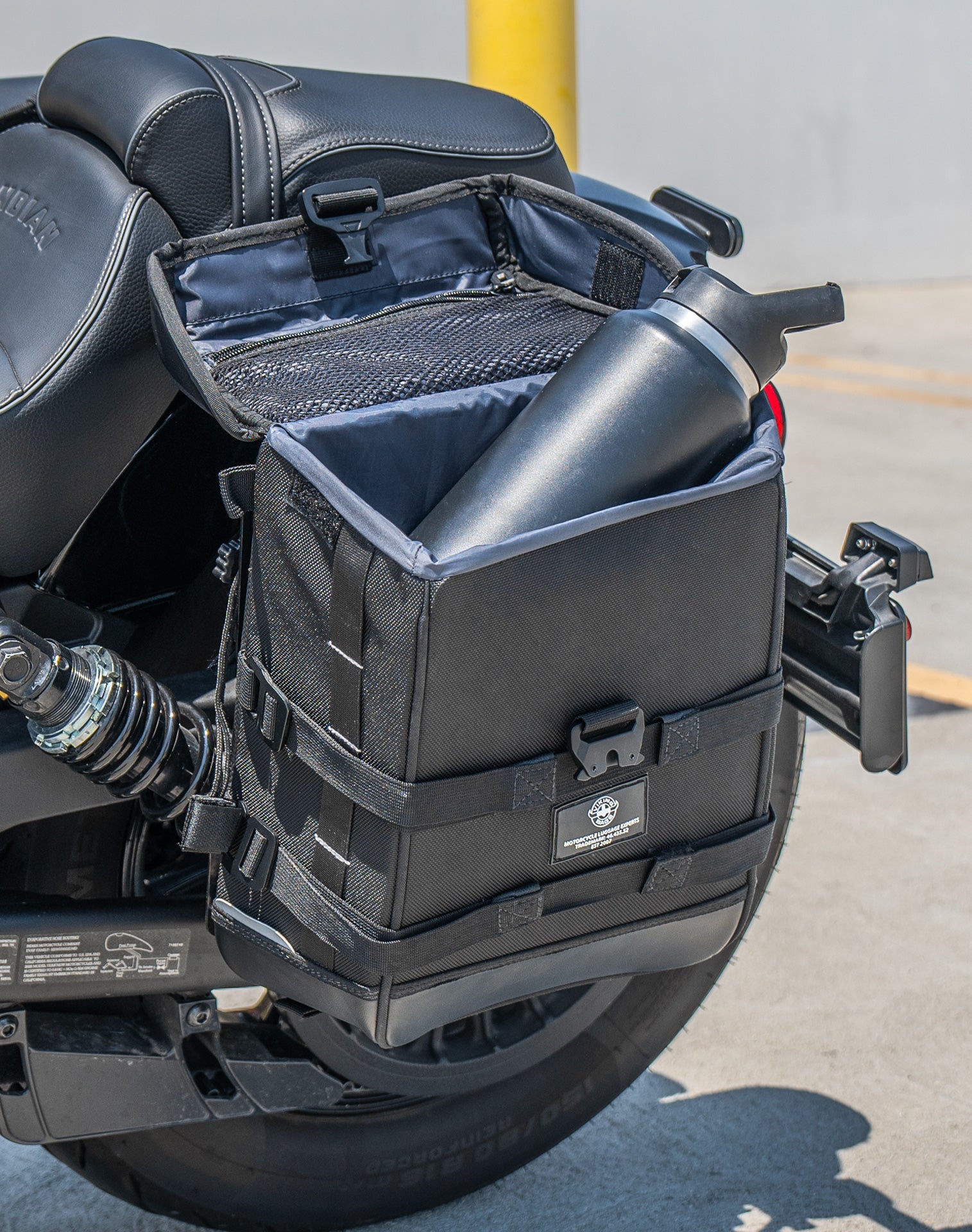 15L - Incognito Quick-Mount Medium Indian 101 Scout Solo Saddlebag (Left Only) Life Style 4