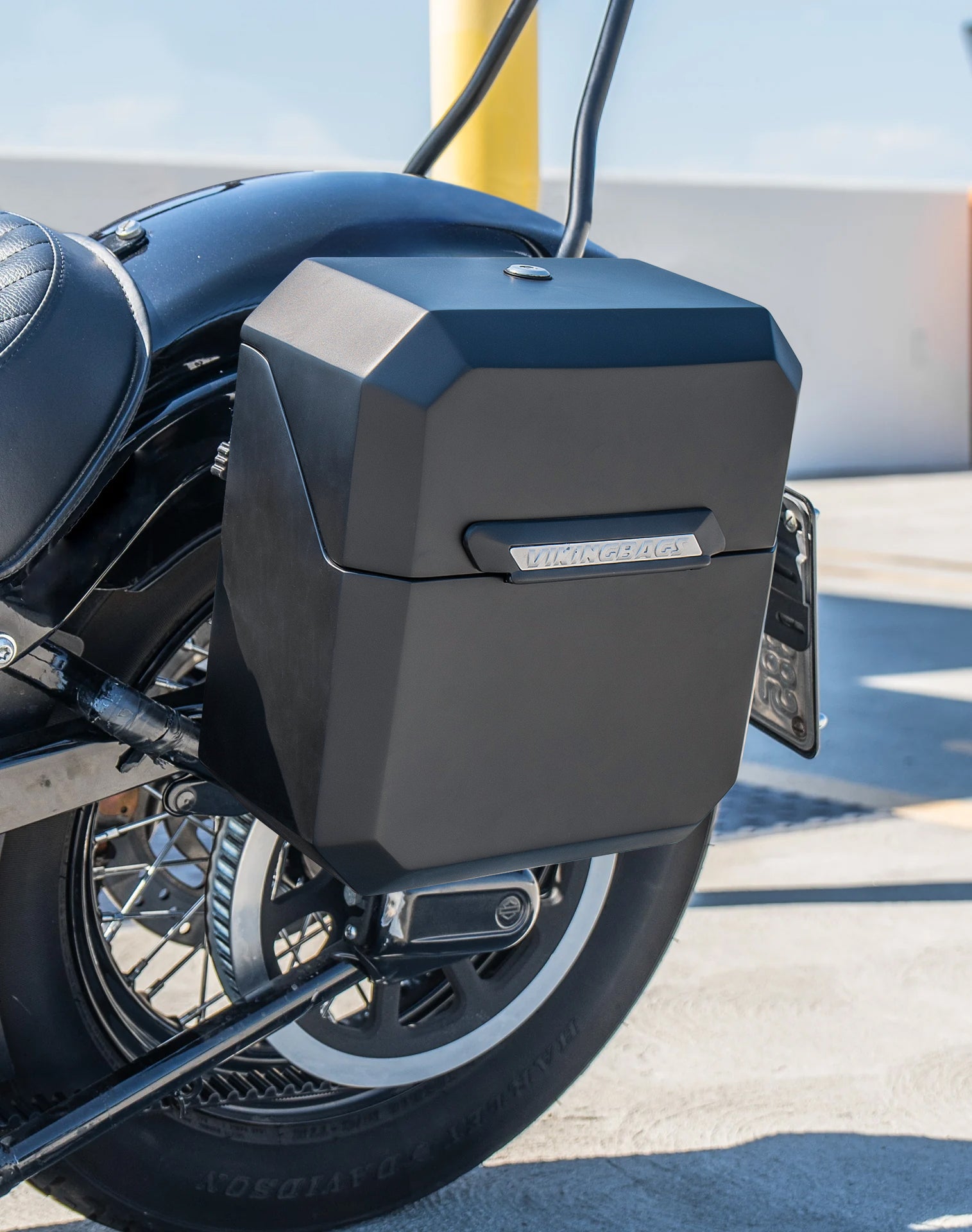 15L - Outlaw Quick Mount Medium Harley Softail Slim FLS Matte Hard Solo Saddlebag (Left Only) Vertical Lifestyle