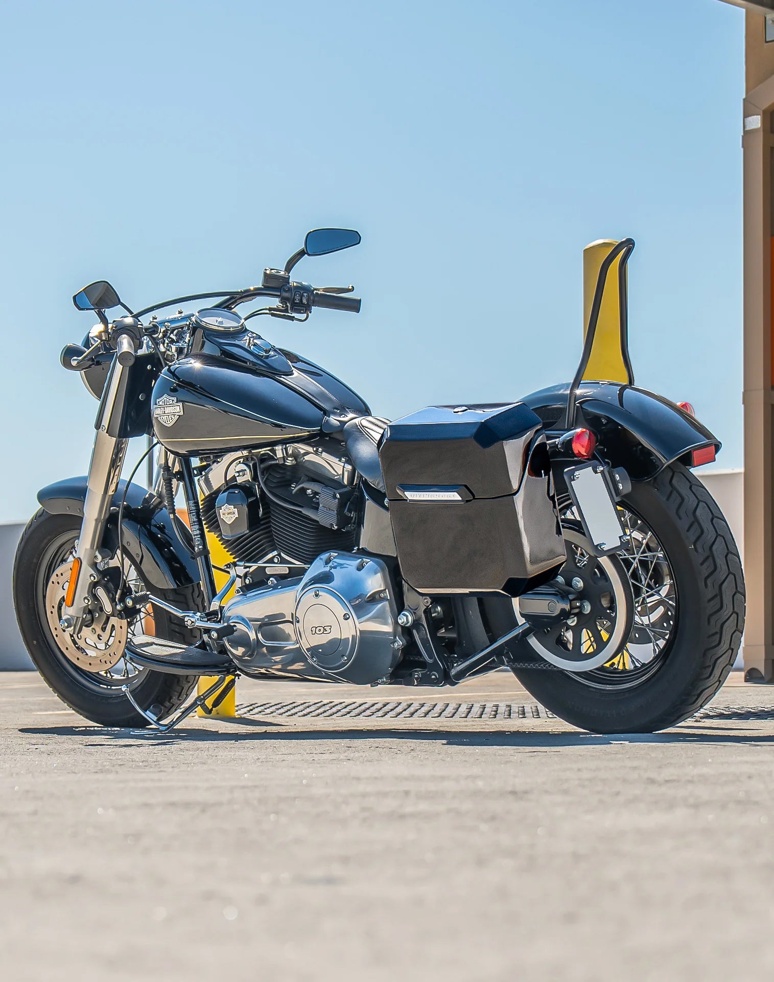 15L - Outlaw Quick Mount Medium Harley Softail Slim FLS Painted Hard Solo Saddlebag (Left Only) Vertical Lifestyle