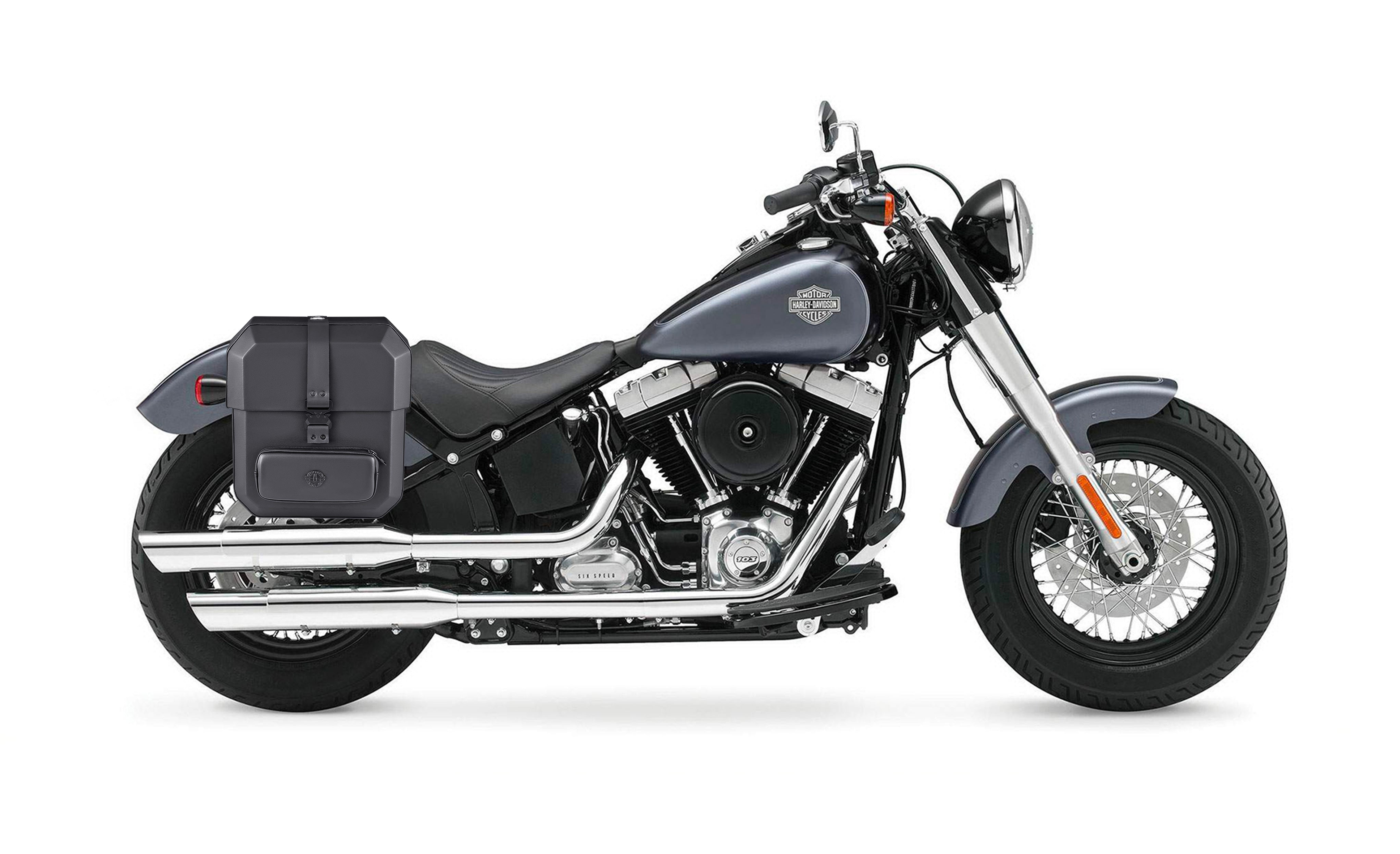15L - Outlaw Quick Mount Medium Harley Softail Slim FLS Hard Solo Saddlebag (Right Only) Bag on Bike @expand