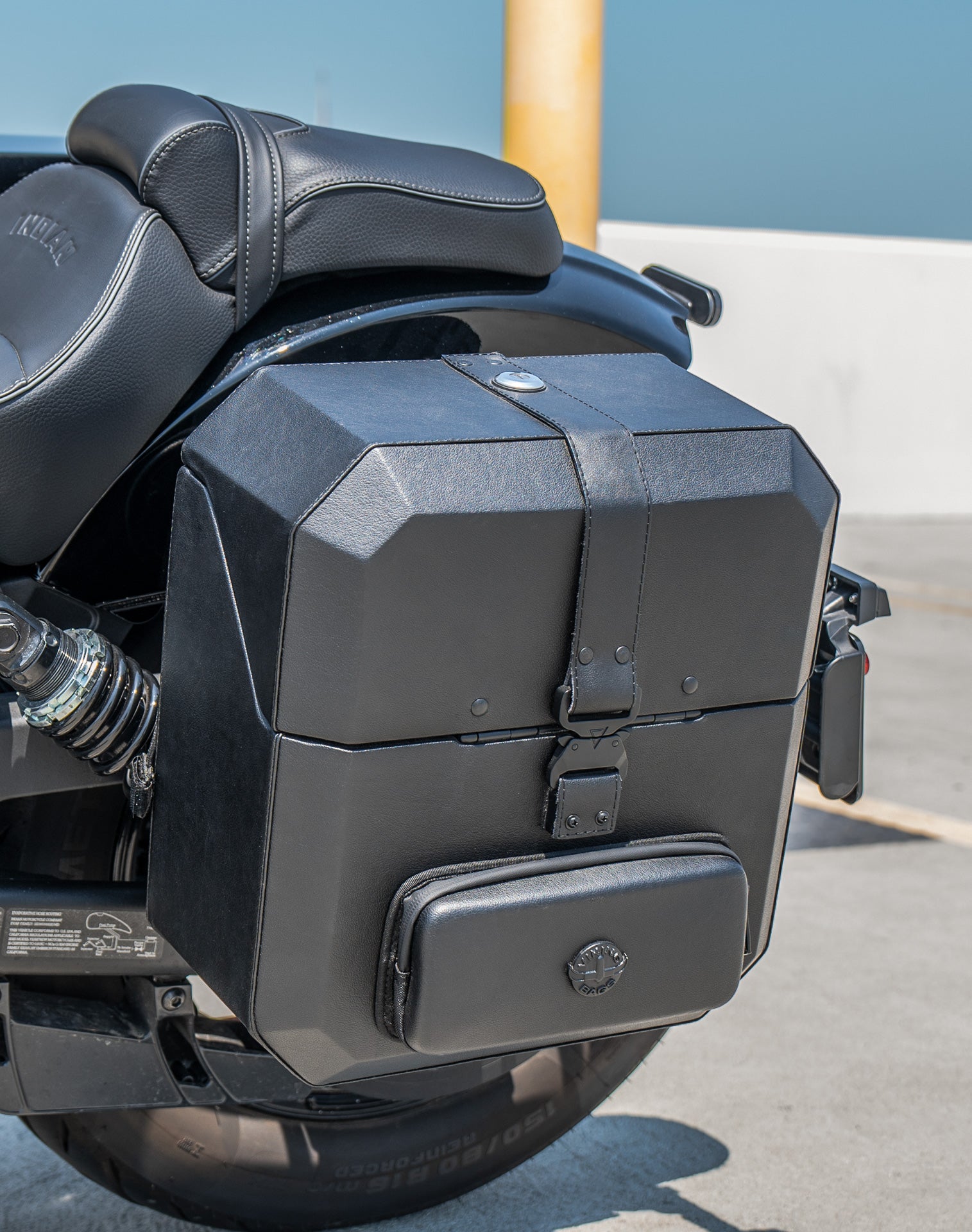 15L - Outlaw Quick-Mount Medium Indian 101 Scout Leather Wrapped Hard Saddlebags (Left Only) Lifestyle Vertical 3