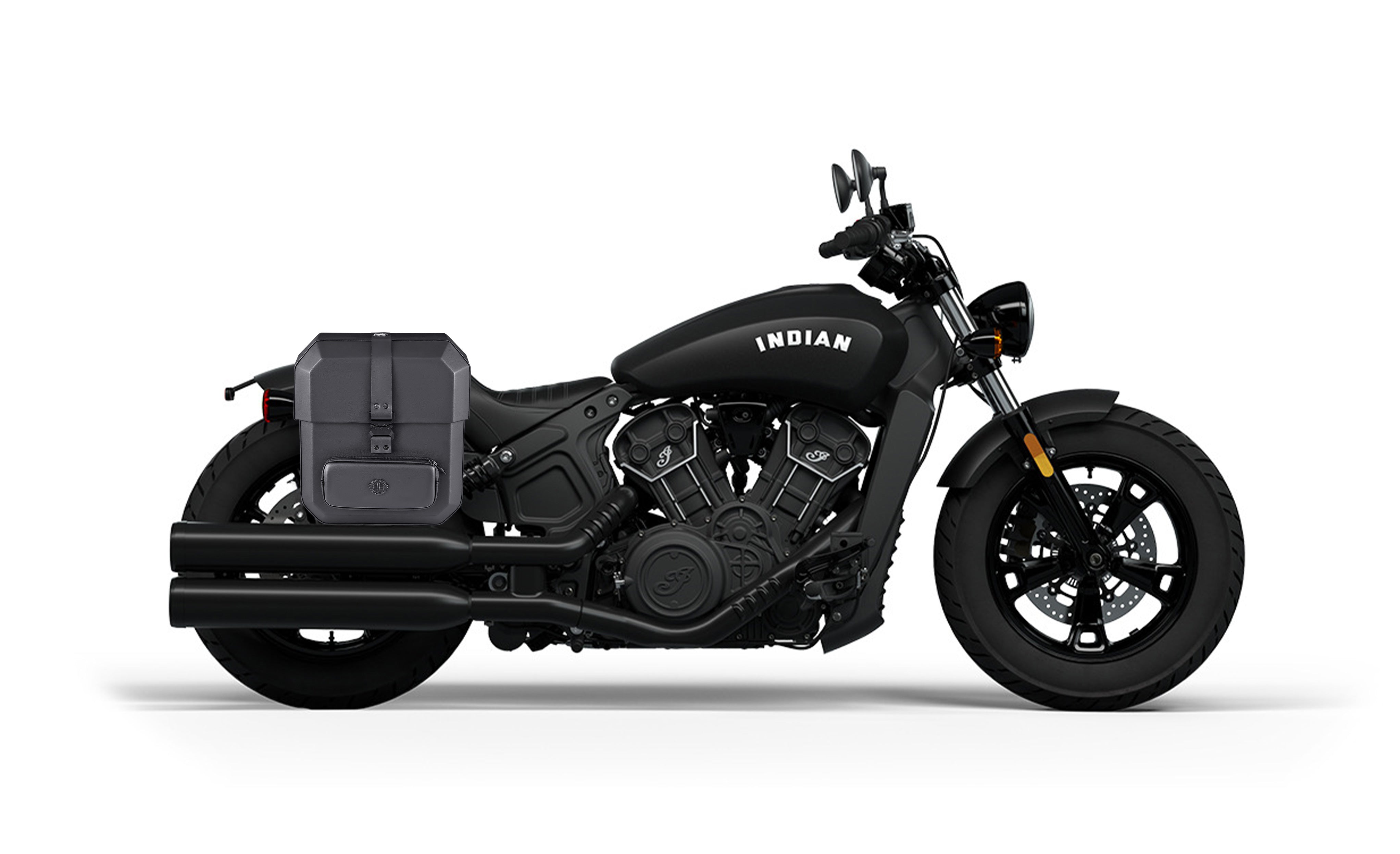 15L - Outlaw Quick-Mount Medium Indian Scout Sixty Bobber Leather Wrap Hard Saddlebag (Right Only) Bag on Bike @expand