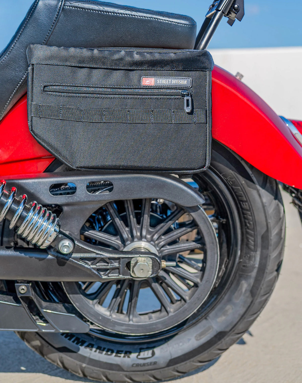 18L - Patriot Medium Indian Scout Classic 2025+ Motorcycle Throw Over Saddlebags Lifestyle