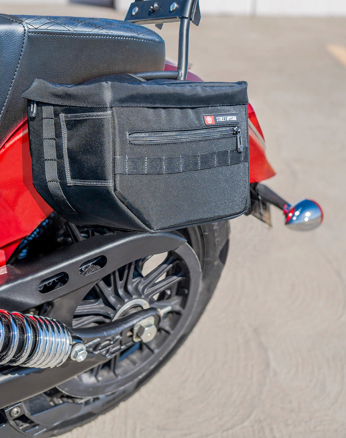 18L - Patriot Medium Indian Scout Classic 2025+ Motorcycle Throw Over Saddlebags Lifestyle