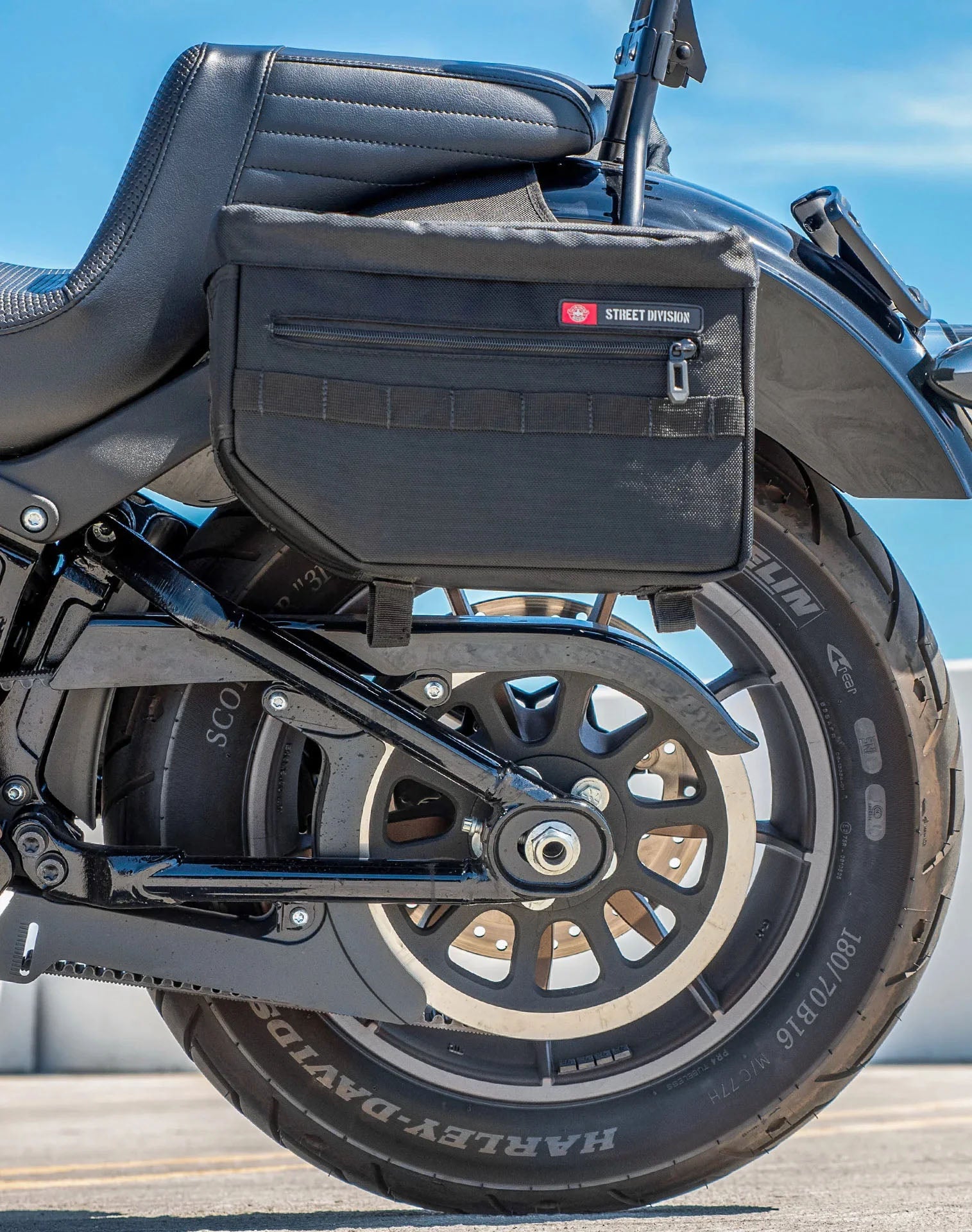 18L - Patriot Medium Throw Over Saddlebags For 2025+ Harley Softail Low Rider S FXLRS Vertical Lifestyle