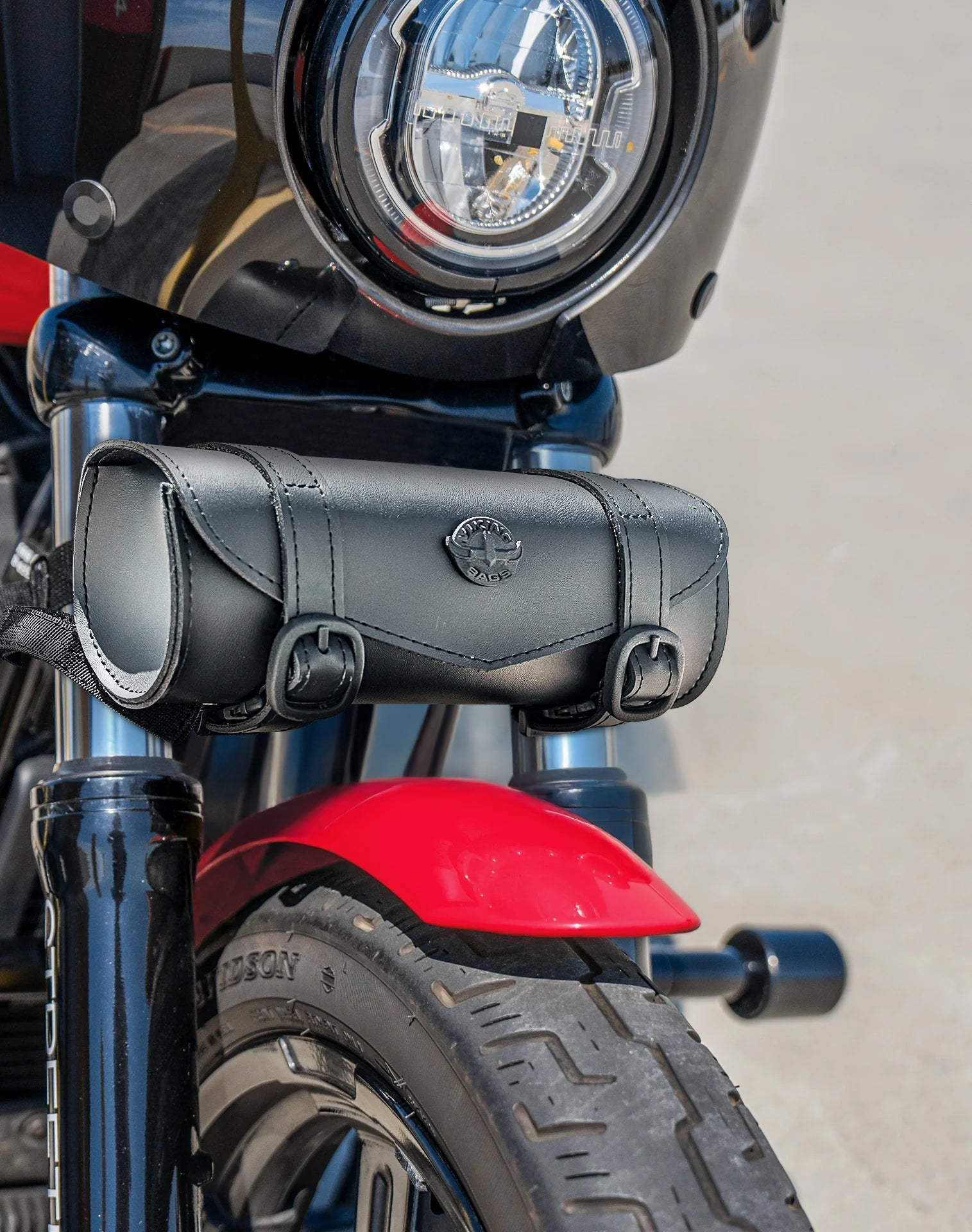 1L - Dark Age Plain Leather Motorcycle Roll Bag Vertical Lifestyle