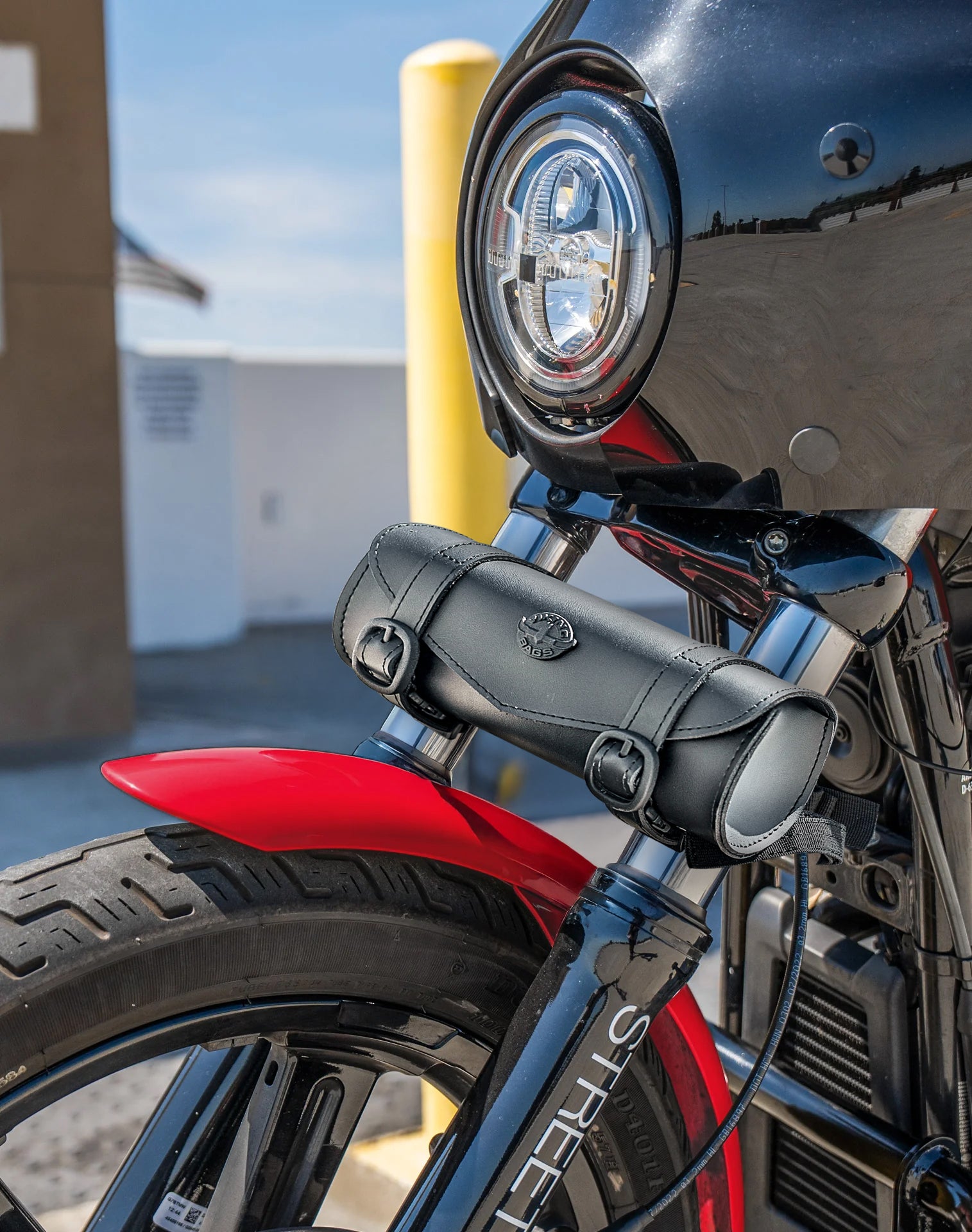 1L - Dark Age Plain Royal Enfield Leather Motorcycle Handlebar Bag Vertical Lifestyle