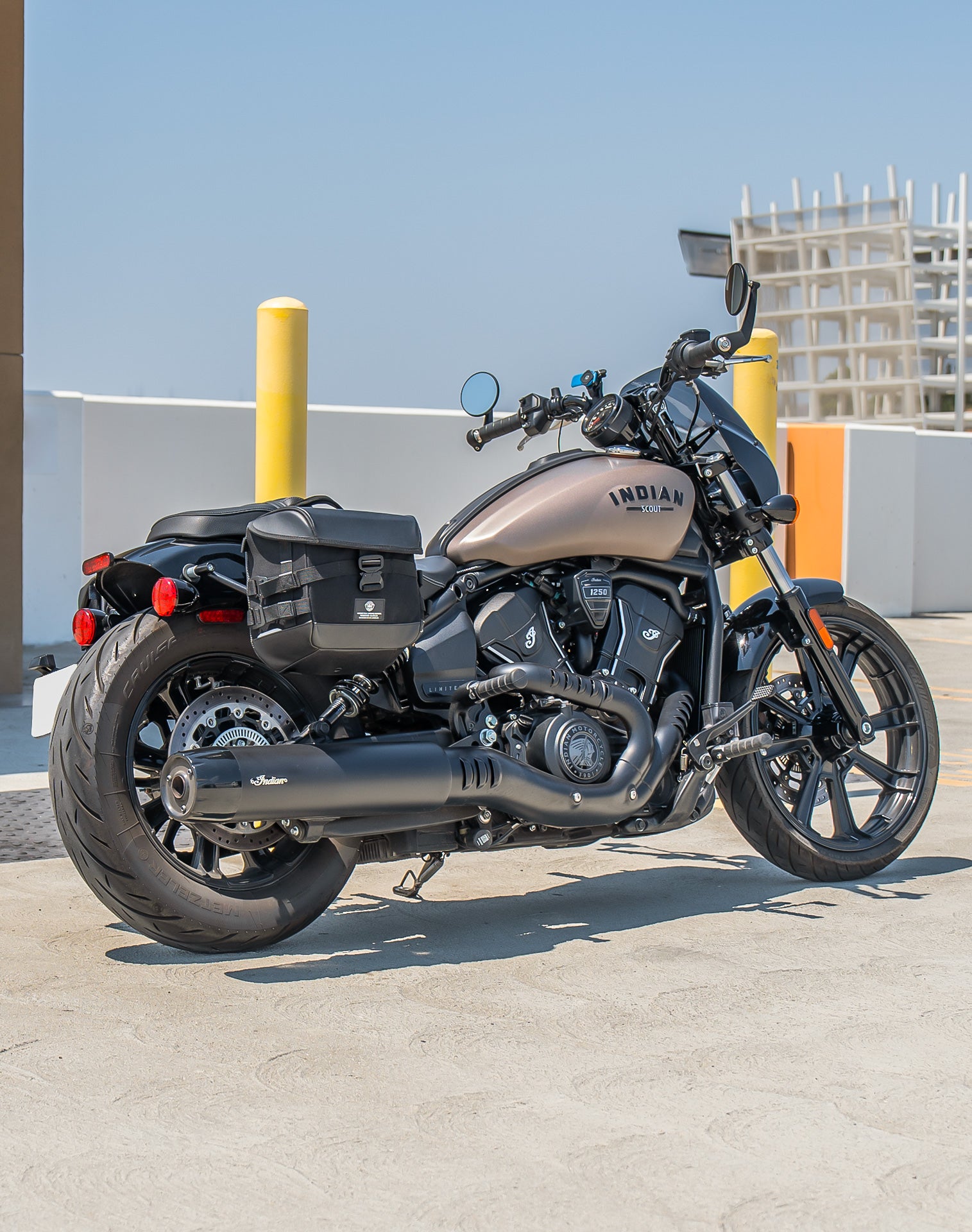 20L - Incognito Quick-Mount Small Indian Scout Sixty Bobber Motorcycle Saddlebags Vertical Lifestyle