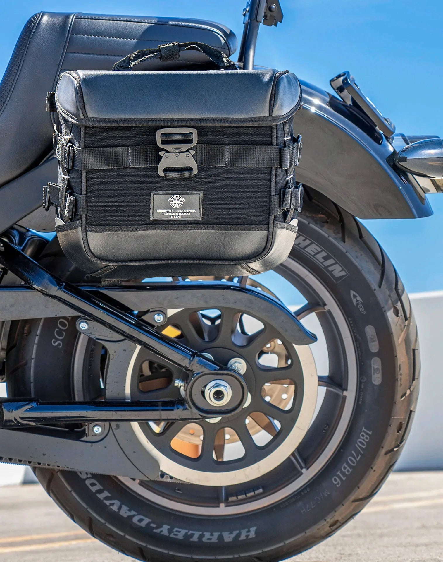 20L - Incognito Small Quick-Mount Saddlebags For 2025+ Harley Softail Low Rider S FXLRS Vertical Lifestyle