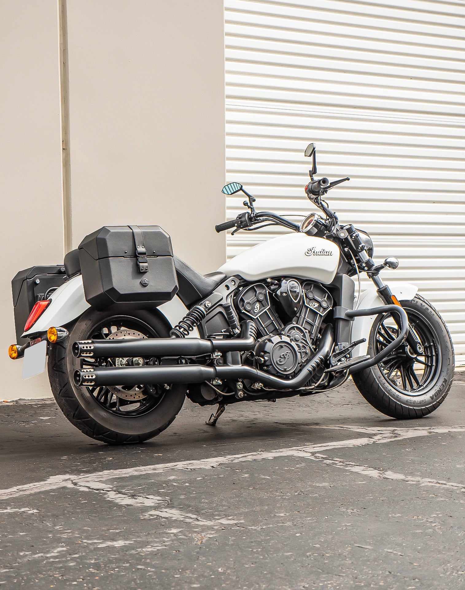 20L - Outlaw Quick-Mount Small Indian Scout Classic Leather Wrapped Hard Saddlebags Lifestyle