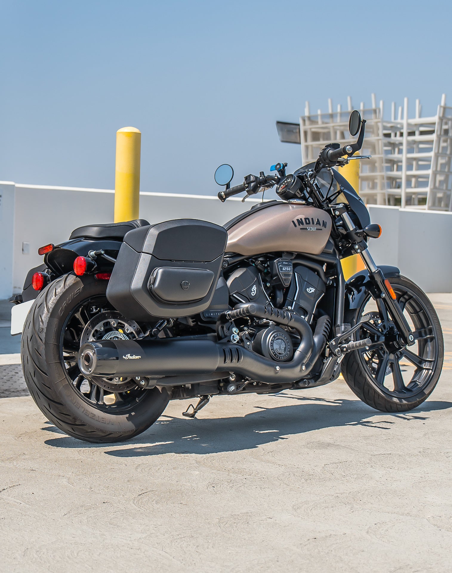 24L - Ironclad Quick-Mount Medium Indian 101 Scout Leather Wrapped Hard Saddlebags Life Style 1