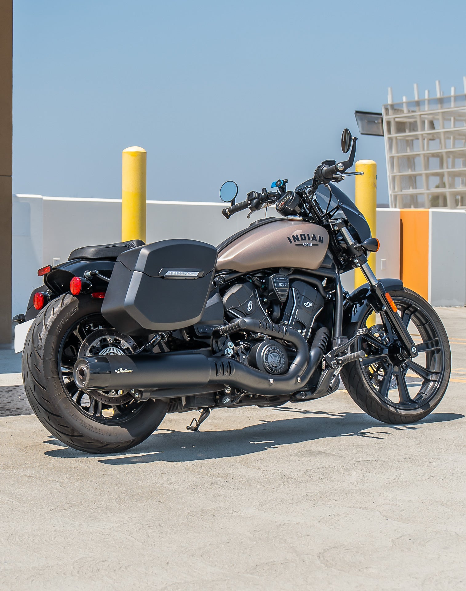 24L - Ironclad Quick-Mount Medium Indian 101 Scout Matte Hard Saddlebags Life Style 1