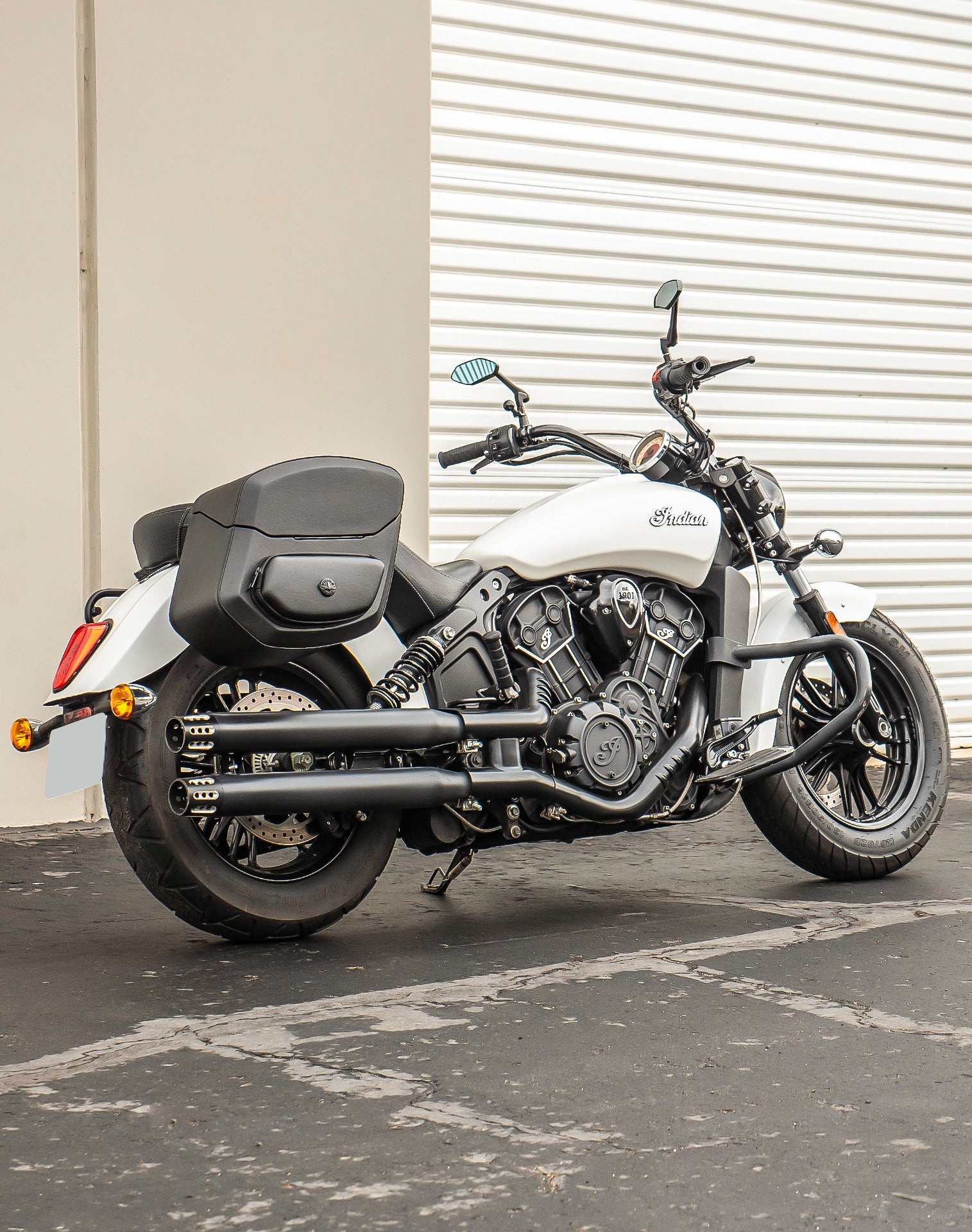 24L - Ironclad Quick-Mount Medium Indian Scout Classic Leather Wrapped Hard Saddlebags Lifestyle
