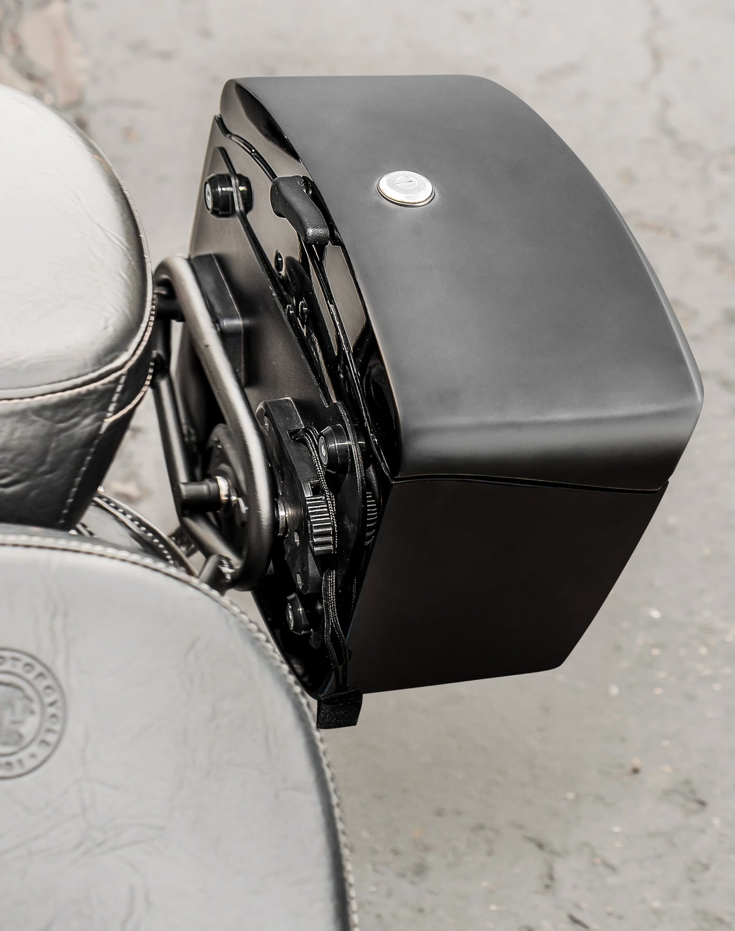 24L - Ironclad Quick-Mount Medium Indian Scout Classic Matte Hard Saddlebags Lifestyle