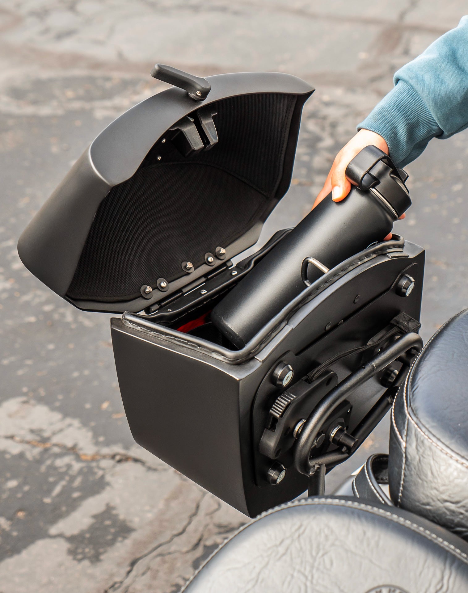 24L - Ironclad Quick-Mount Medium Indian Scout Classic Matte Hard Saddlebags Lifestyle