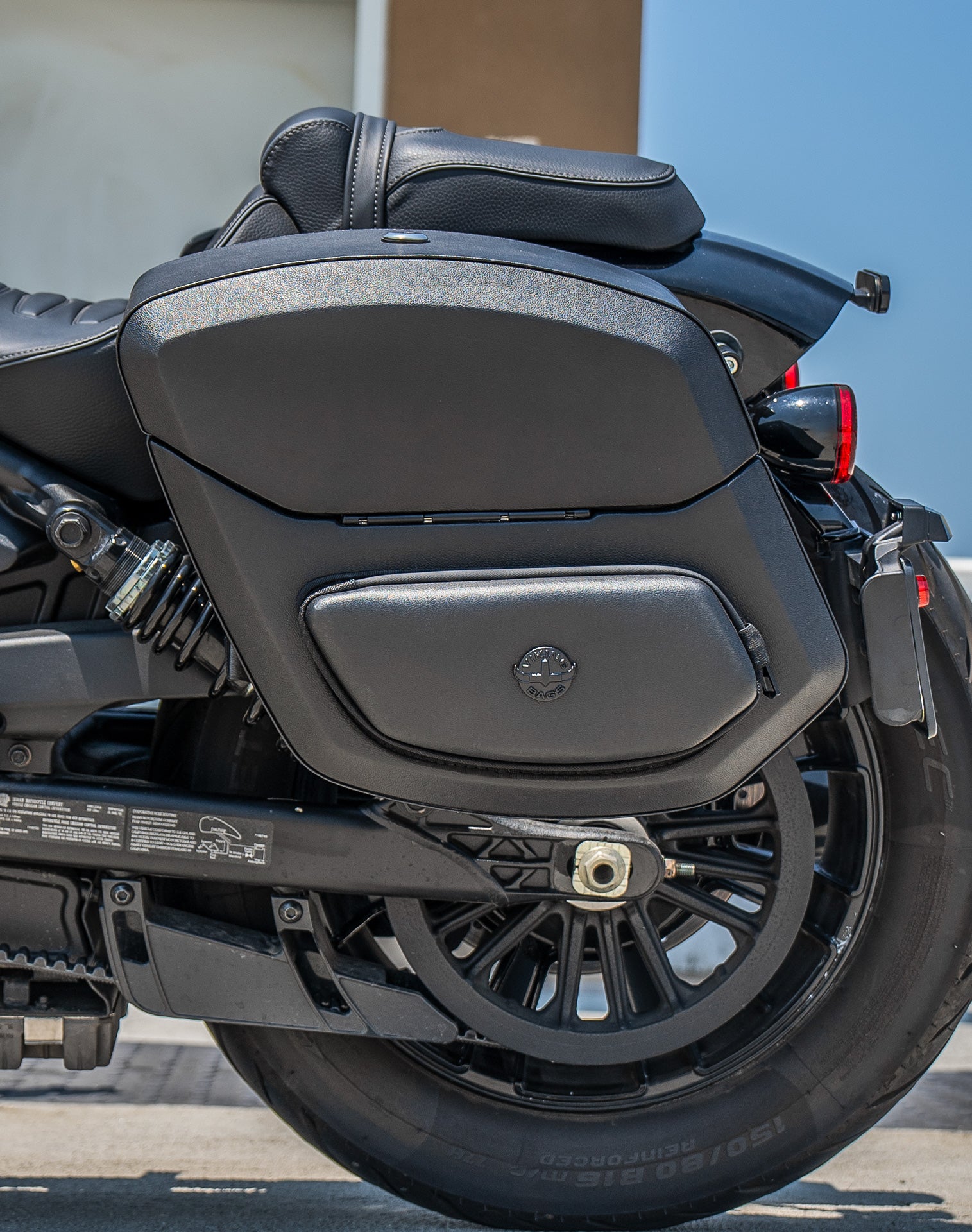 24L - Ironclad Quick-Mount Medium Indian Scout Sixty Bobber Leather Wrapped Hard Saddlebags Life style