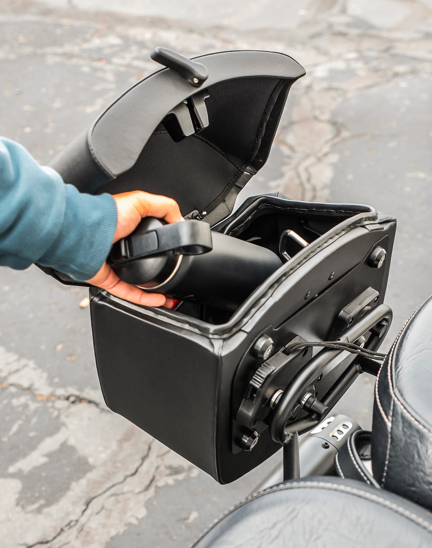 24L - Ironclad Quick-Mount Medium Indian Scout Sixty Classic Leather Wrapped Hard Saddlebags Lifestyle