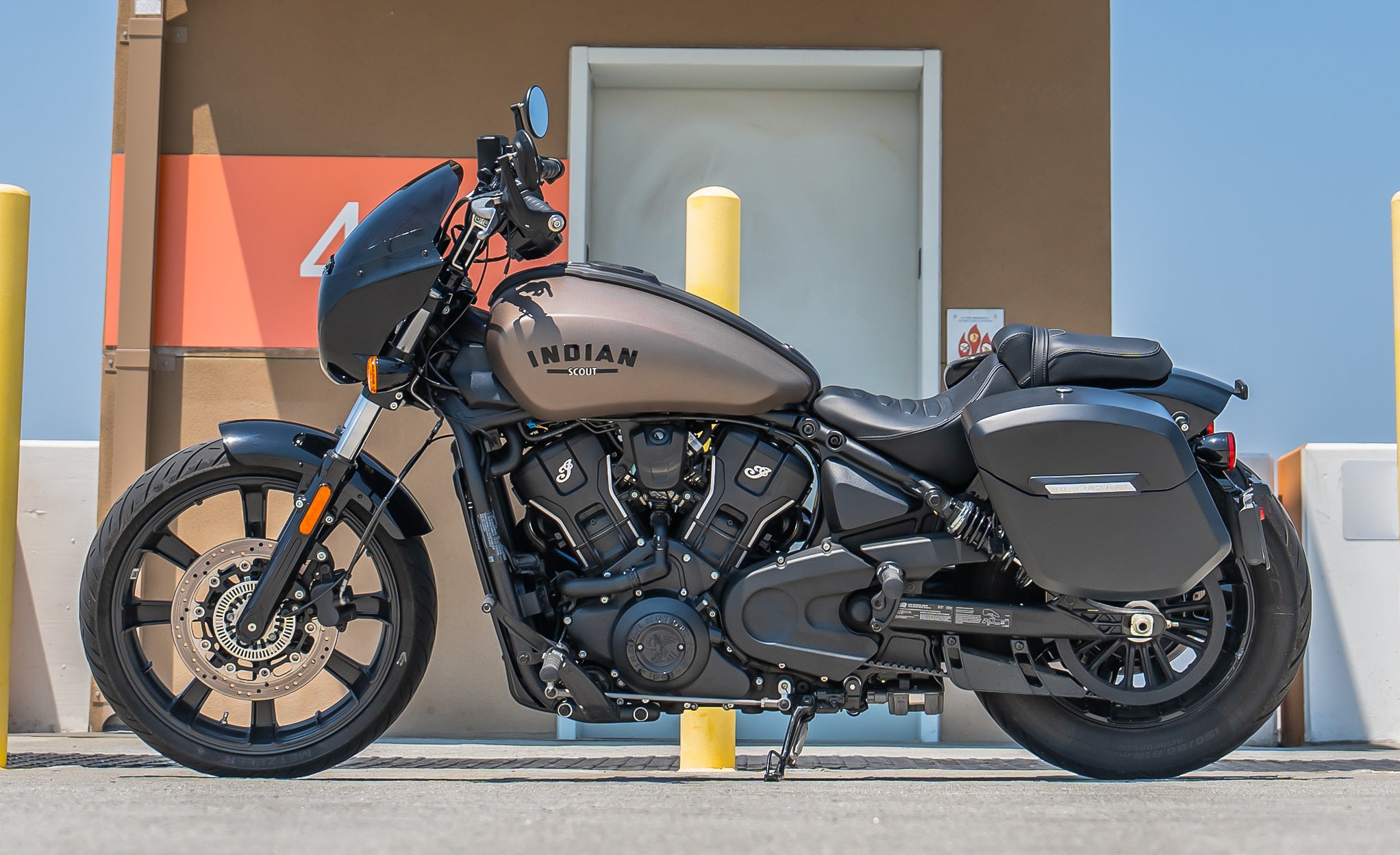 24L - Ironclad Quick-Mount Medium Indian Sport Scout Sixty Matte Hard Saddlebags Life Style Photo @expand