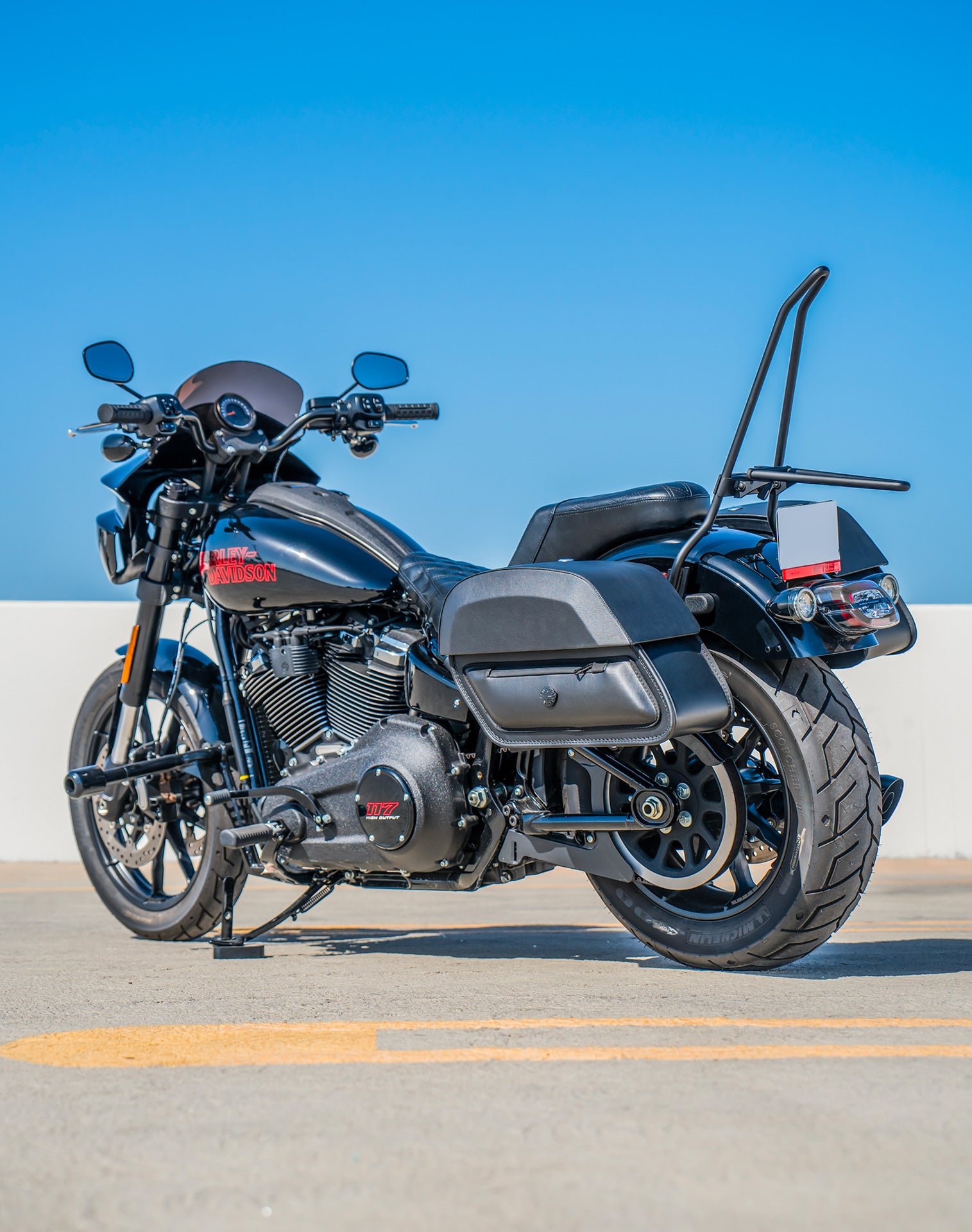28L - Pantheon Medium Quick-Mount Saddlebags For 2025+ Harley Softail Low Rider S FXLRS Vertical Lifestyle