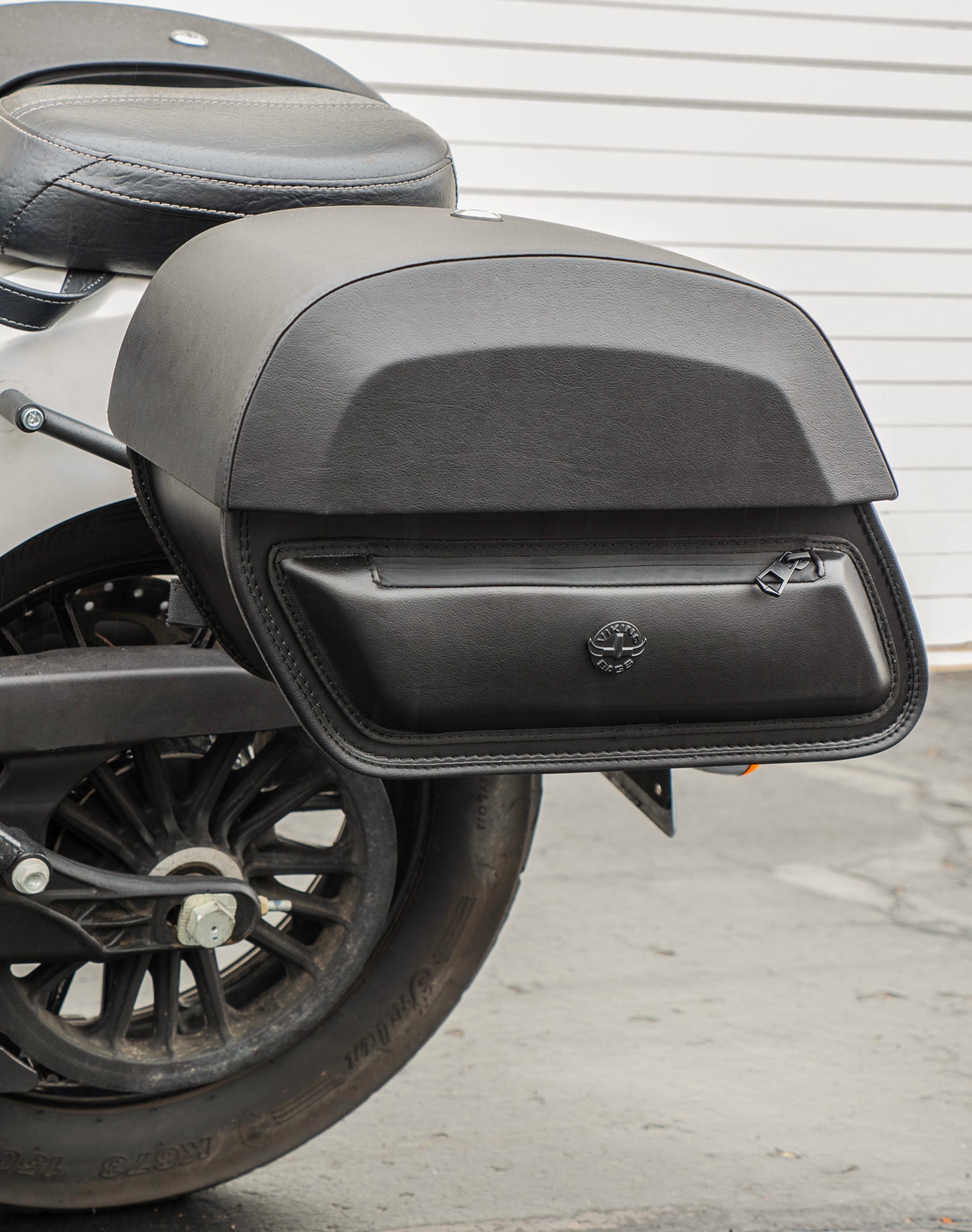 28L - Pantheon Quick-Mount Medium Indian Scout Classic Motorcycle Saddlebags Lifestyle