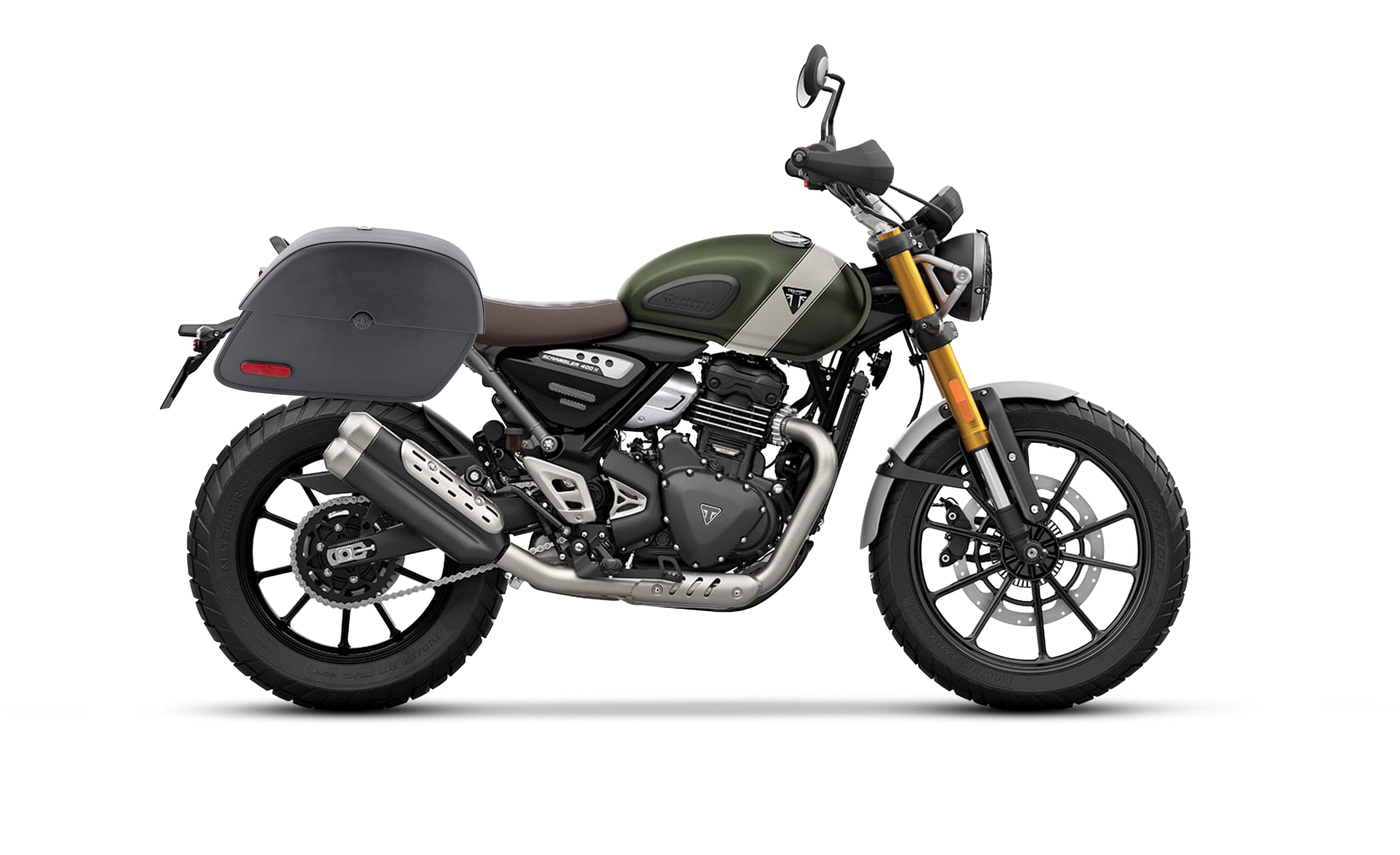 28L - Panzer Medium Quick-Mount Triumph Scrambler 400 X Leather Saddlebags Bag on Bike @expand