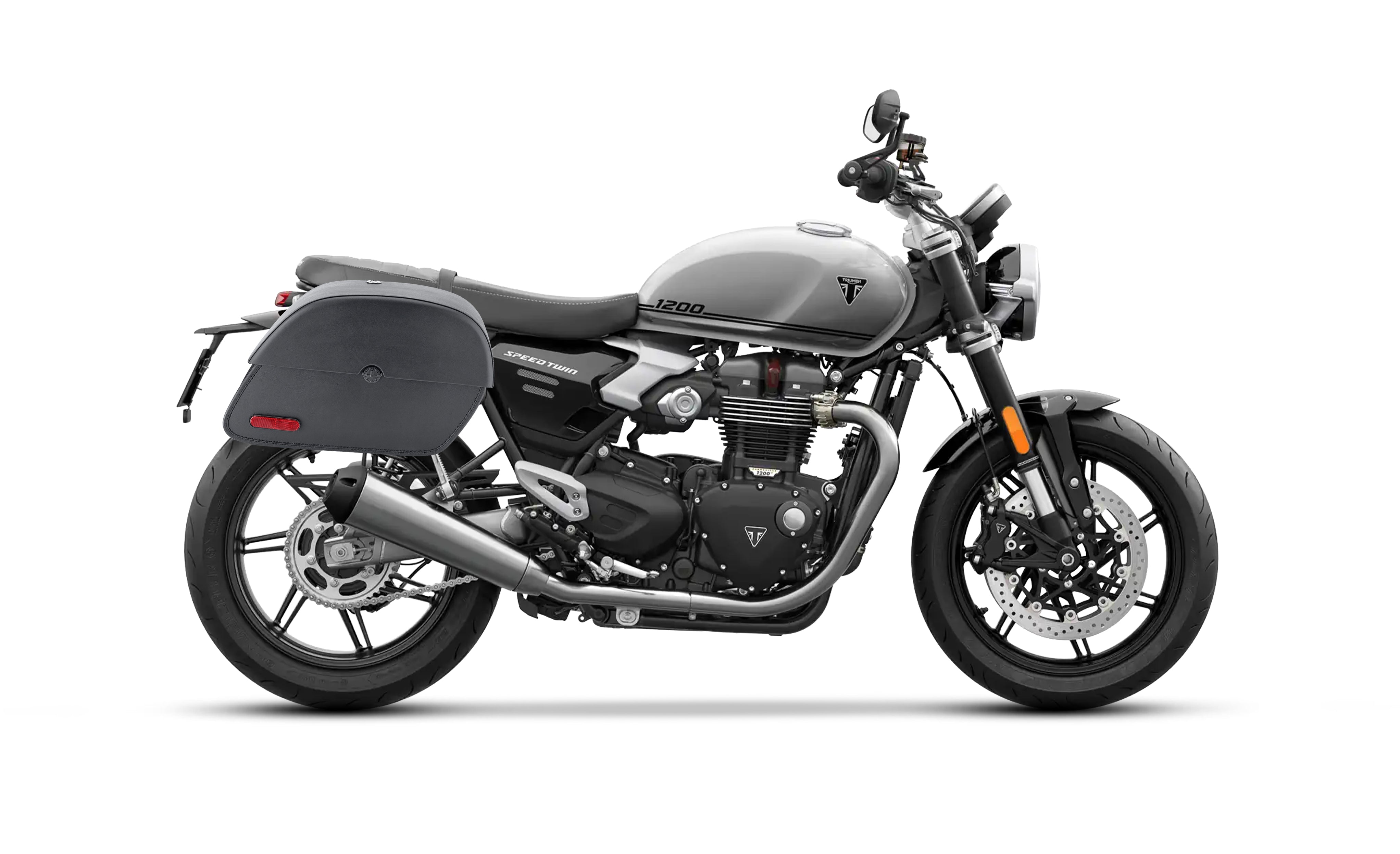 28L - Panzer Quick-Mount Medium Triumph Speed Twin 1200 Leather Saddlebags Bag on Bike @expand