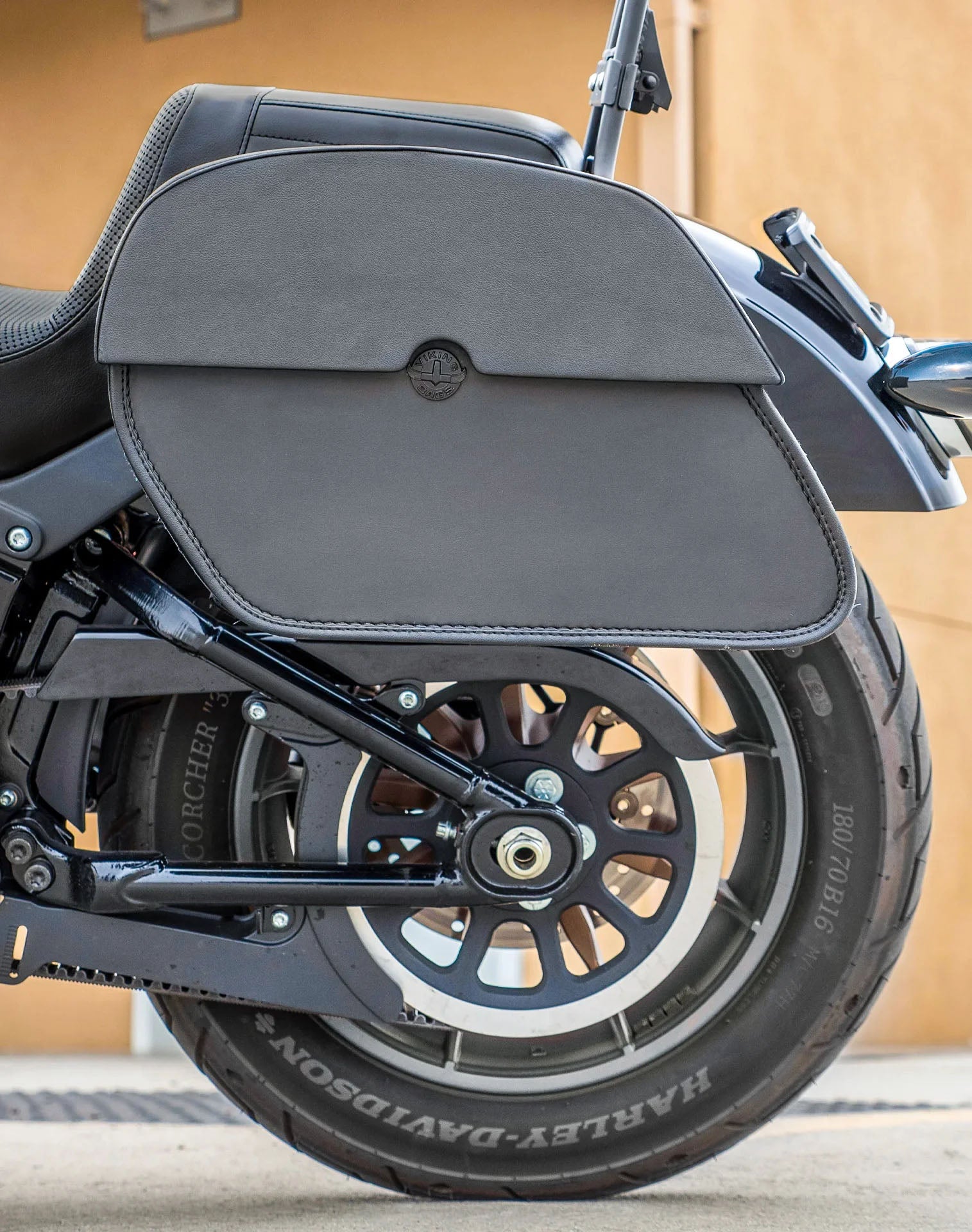 28L - Panzer Medium Quick-Mount Leather Saddlebags For 2025+ Harley Softail Low Rider S FXLRS Vertical Lifestyle