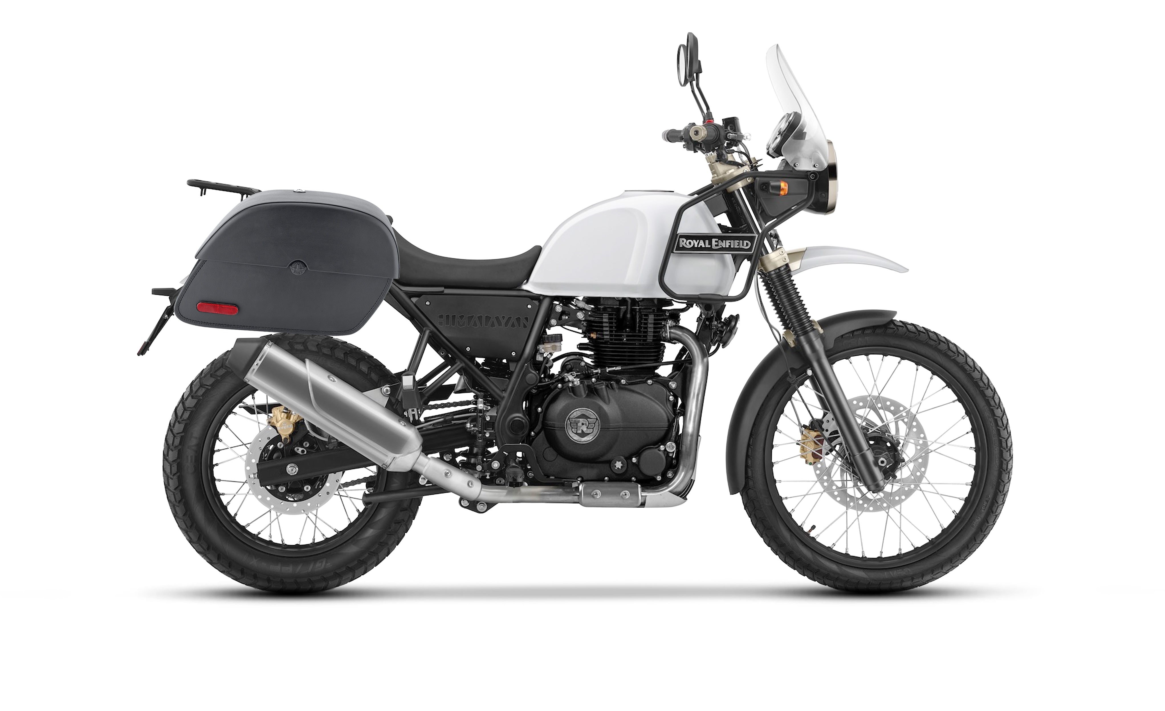 28L - Panzer Medium Quick Mount Royal Enfield Himalayan 410 Leather Saddlebags Bag on Bike @expand