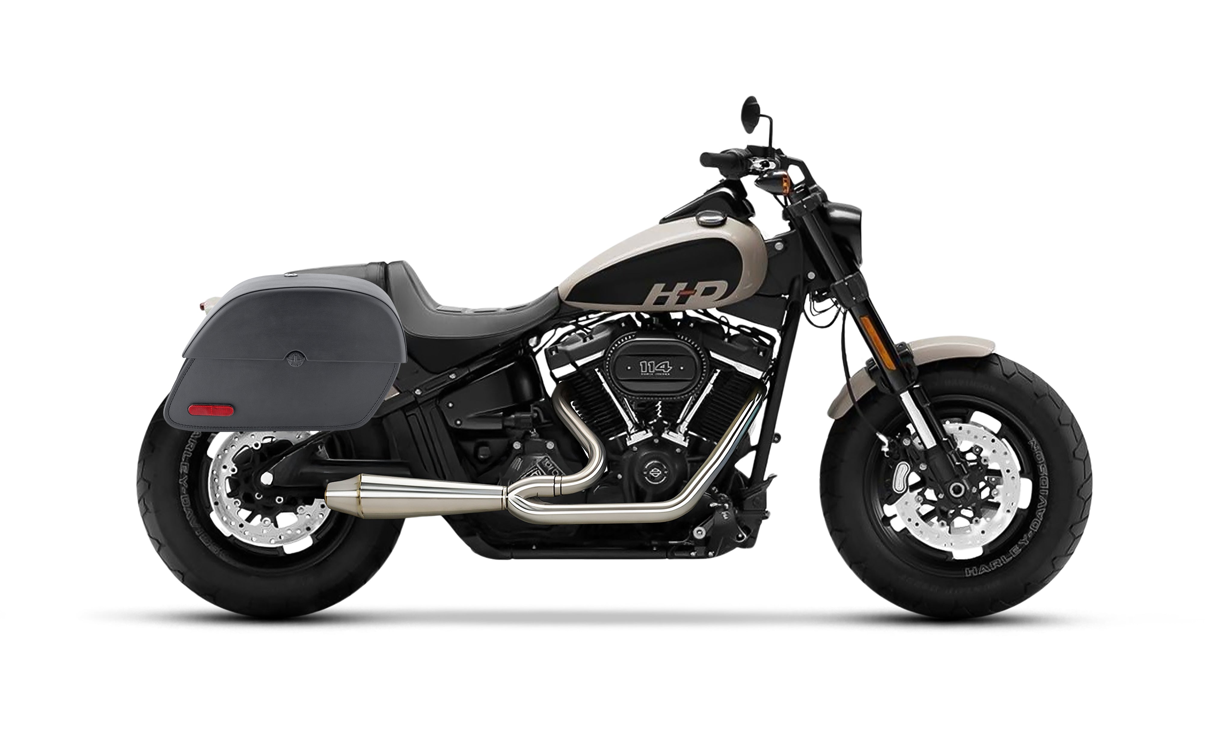 28L - Panzer Medium Quick-Mount Harley Softail Fat Bob FXFB/S Leather Saddlebags Bag on Bag @expand