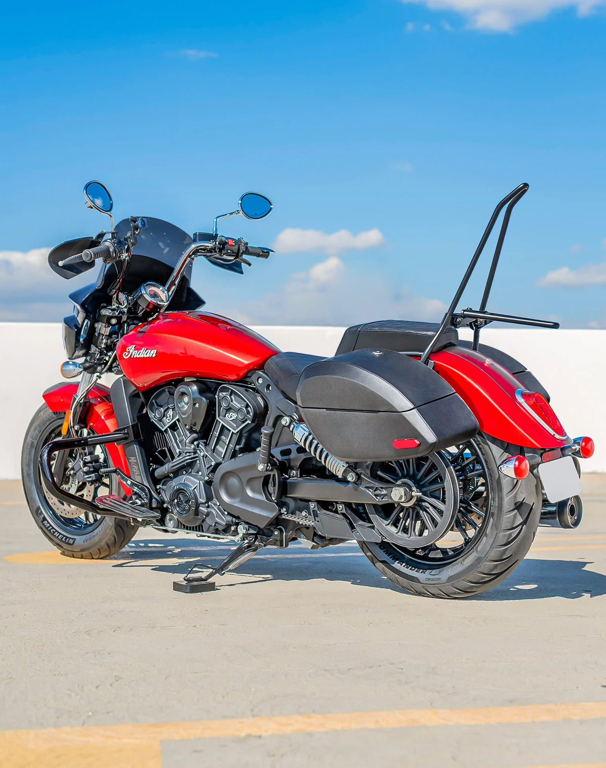 28L - Phantom Large Indian Scout Classic 2025+ Leather Wrapped Motorcycle Hard Saddlebags Lifestyle