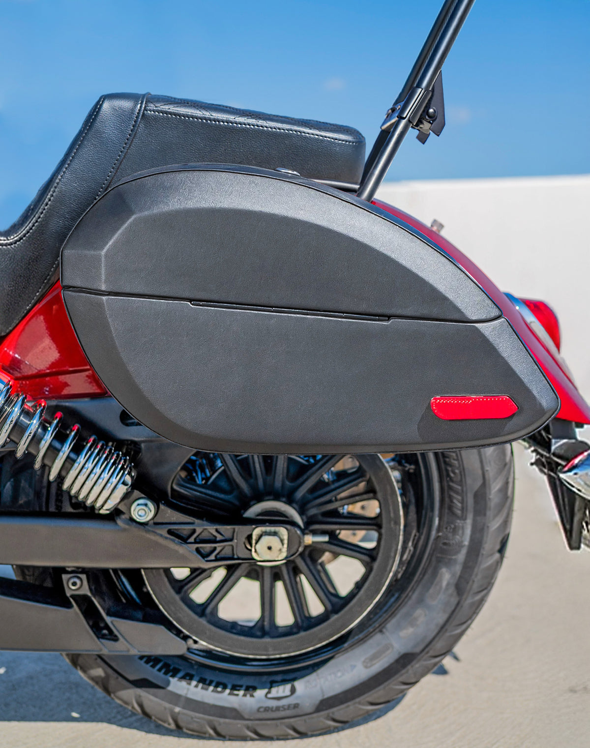 28L - Phantom Large Indian Scout Classic 2025+ Leather Wrapped Motorcycle Hard Saddlebags Lifestyle
