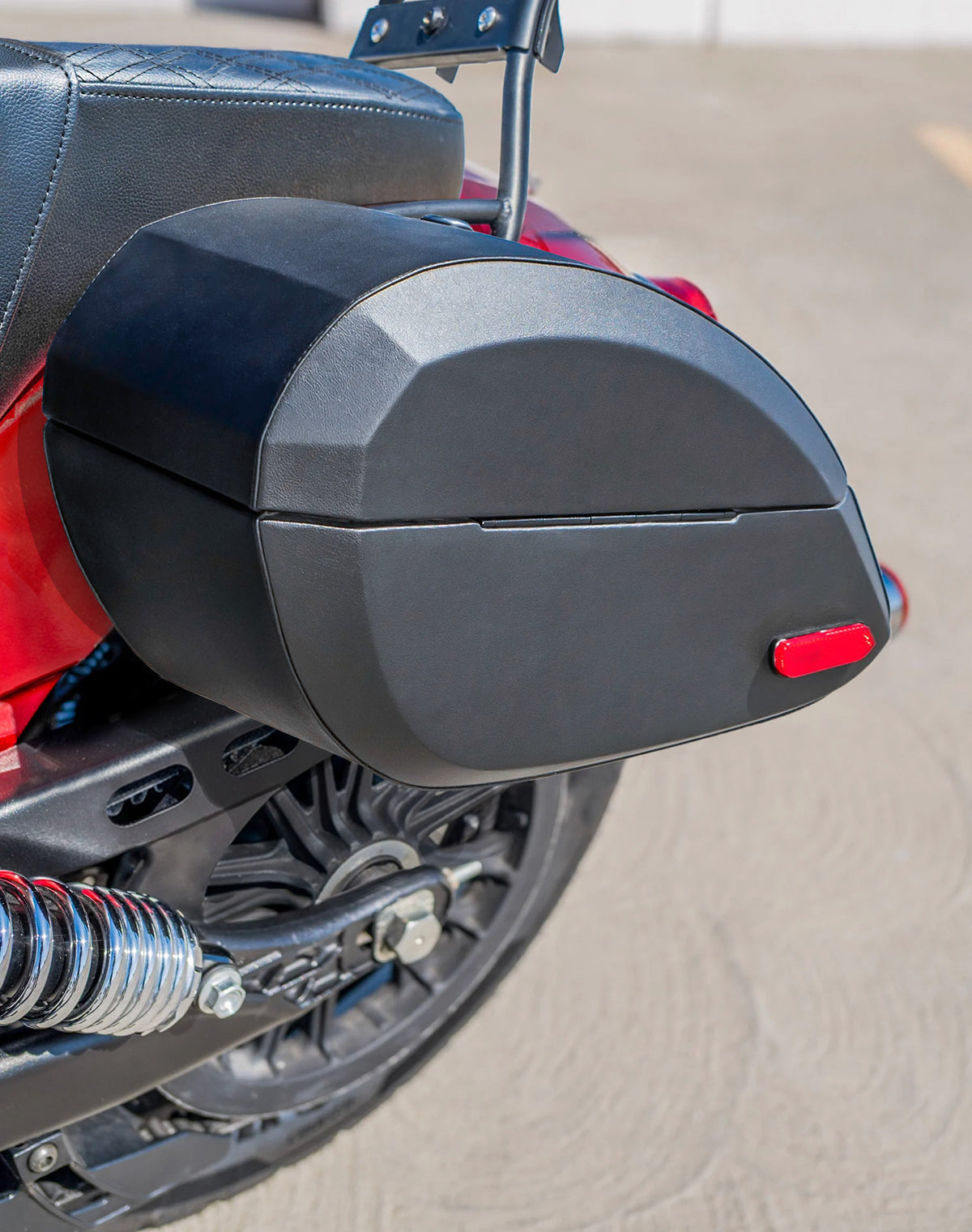 28L - Phantom Large Indian Scout Classic 2025+ Leather Wrapped Motorcycle Hard Saddlebags Lifestyle