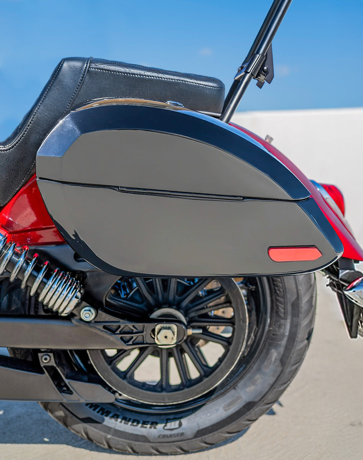 28L - Phantom Large Indian Scout Classic 2025+ Painted Motorcycle Hard Saddlebags Lifestyle