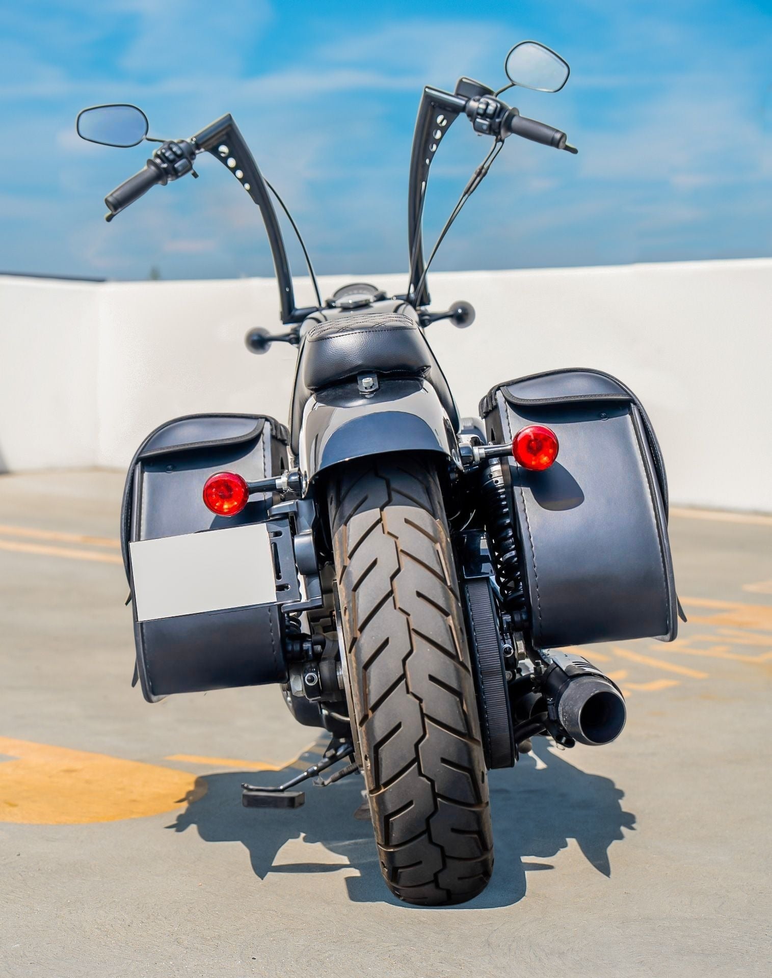 30L - Ghost Large Shock Cutout Motorcycle Saddlebags For Harley Sportster Super Low XL1200T Vertical Lifestyle