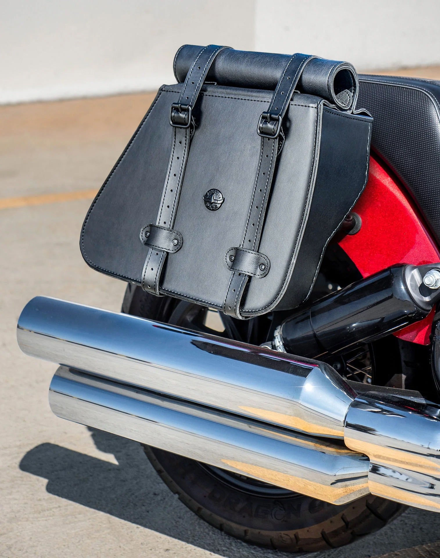 30L - SpiritBlade Roll-Top Large Indian Chief Bobber Motorcycle Leather Saddlebags Lifestyle