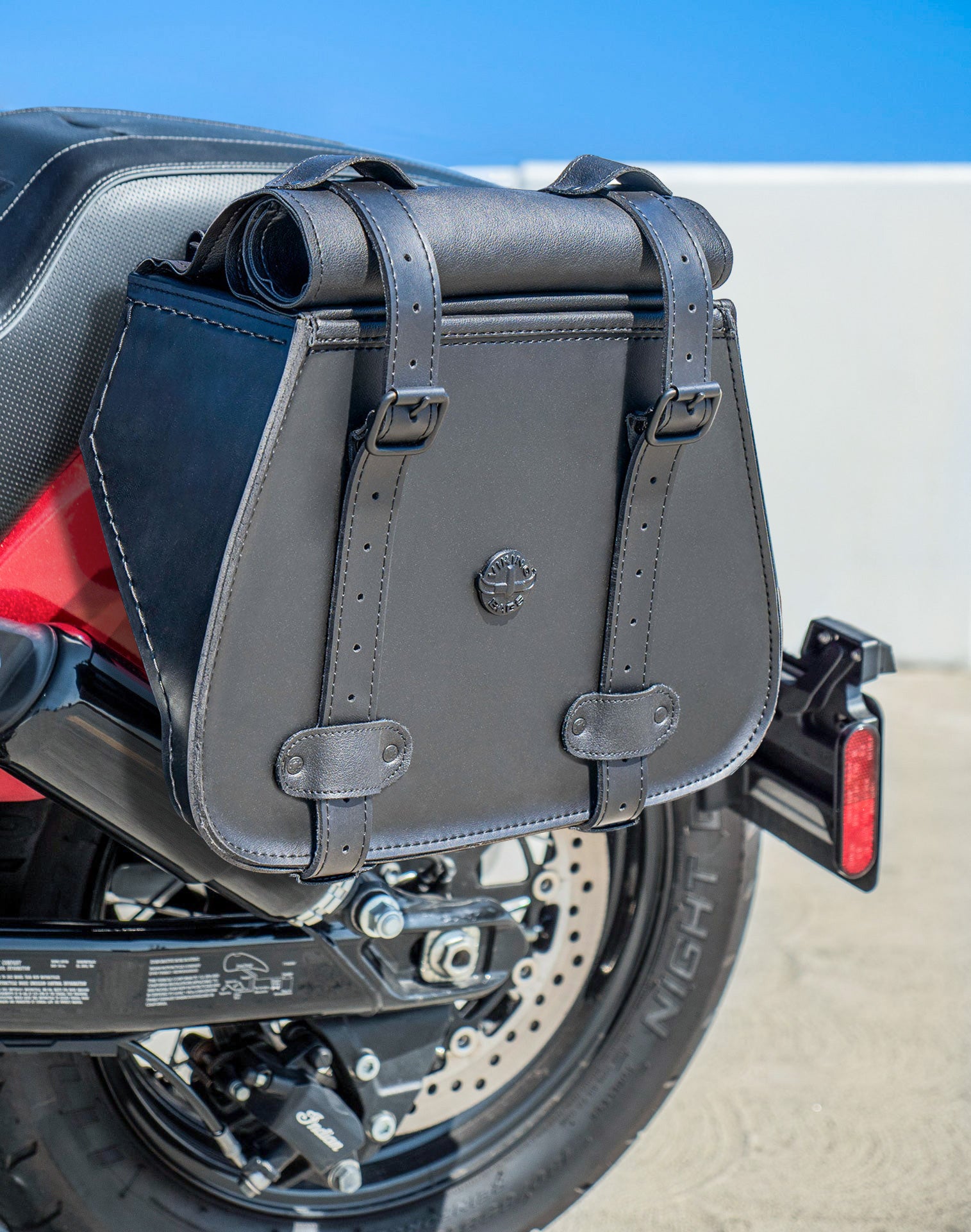 30L - SpiritBlade Roll-Top Large Indian Chief Dark Horse Motorcycle Leather Saddlebags Lifestyle
