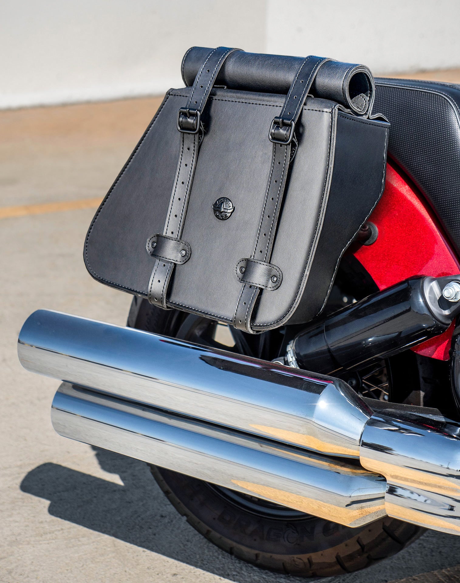 30L - SpiritBlade Roll-Top Large Indian Chief Dark Horse Motorcycle Leather Saddlebags Lifestyle