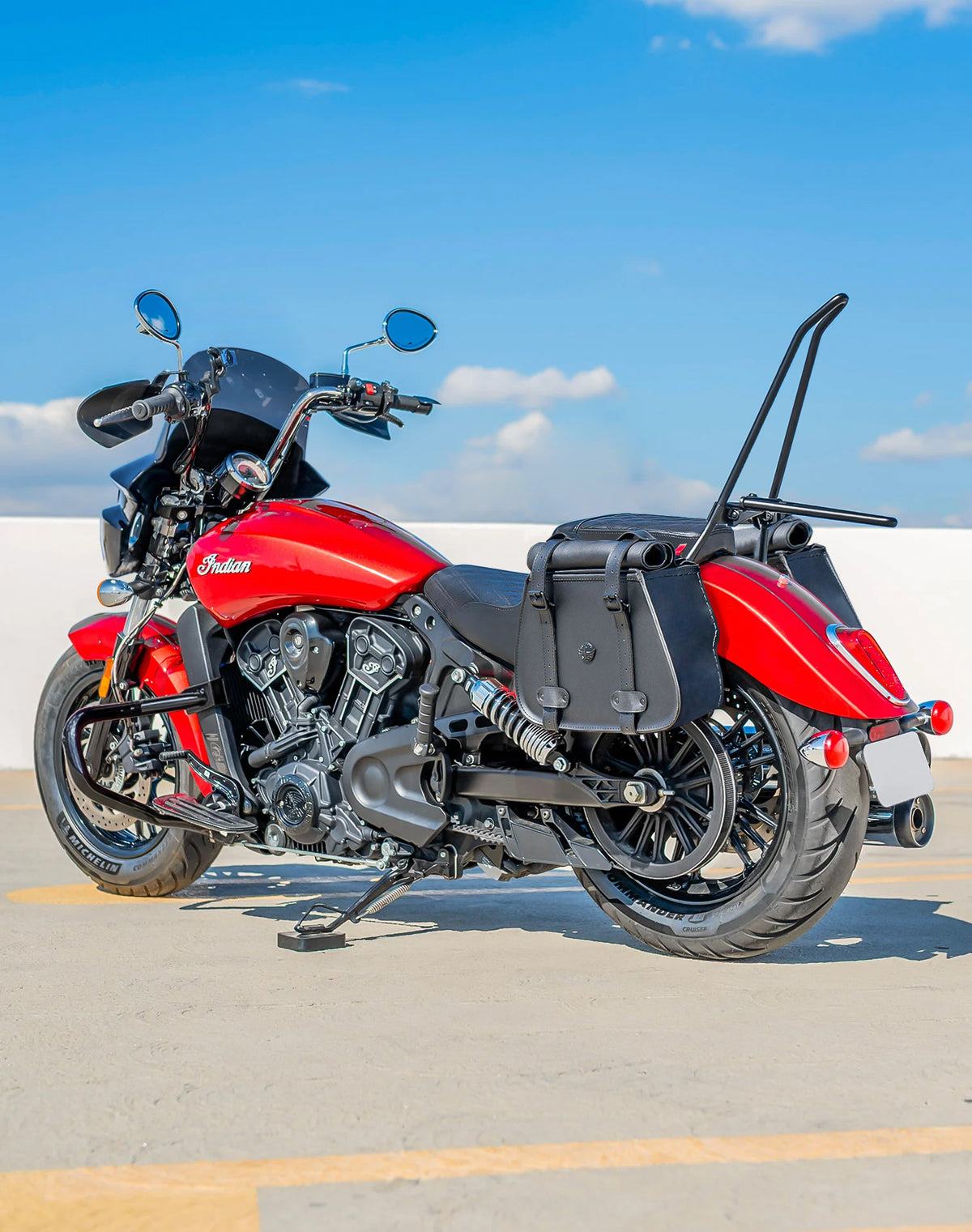 30L - SpiritBlade Roll-Top Large 2025+ Indian Scout Classic Motorcycle Leather Saddlebags Lifestyle