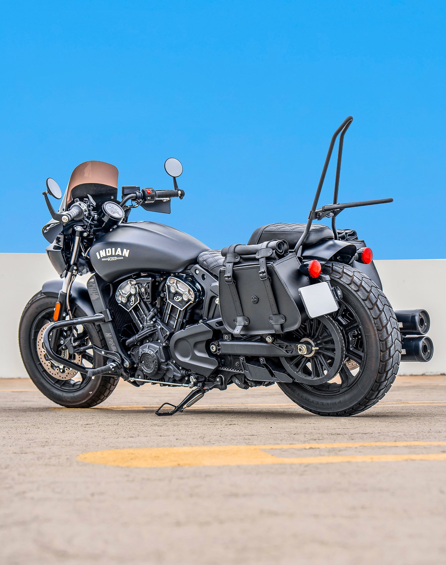 30L - SpiritBlade Roll-Top Large Indian Scout Rogue Motorcycle Leather Saddlebags Vertical Lifestyle