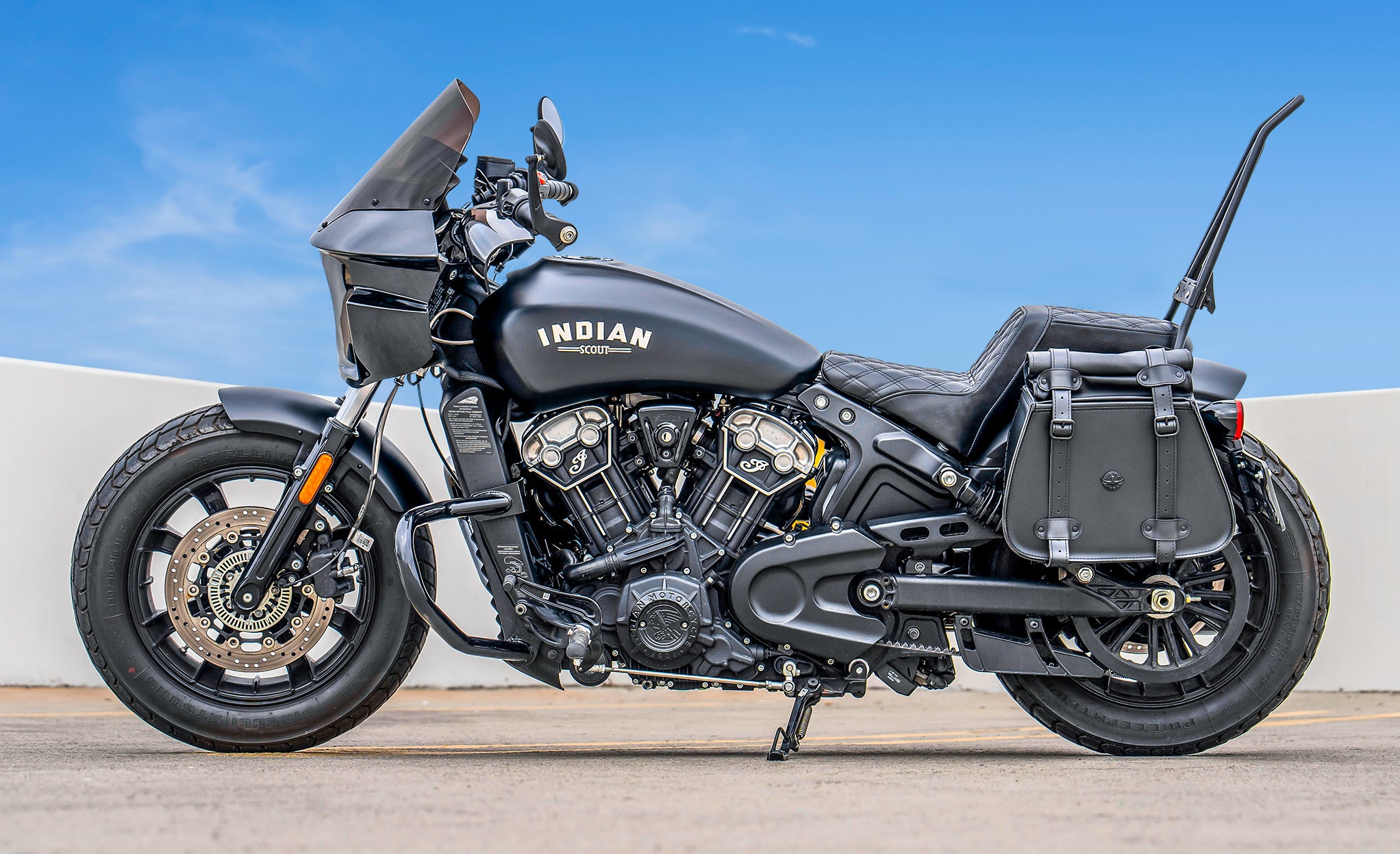 30L - SpiritBlade Roll-Top Large Indian Scout Rogue Motorcycle Leather Saddlebags Lifestyle @expand