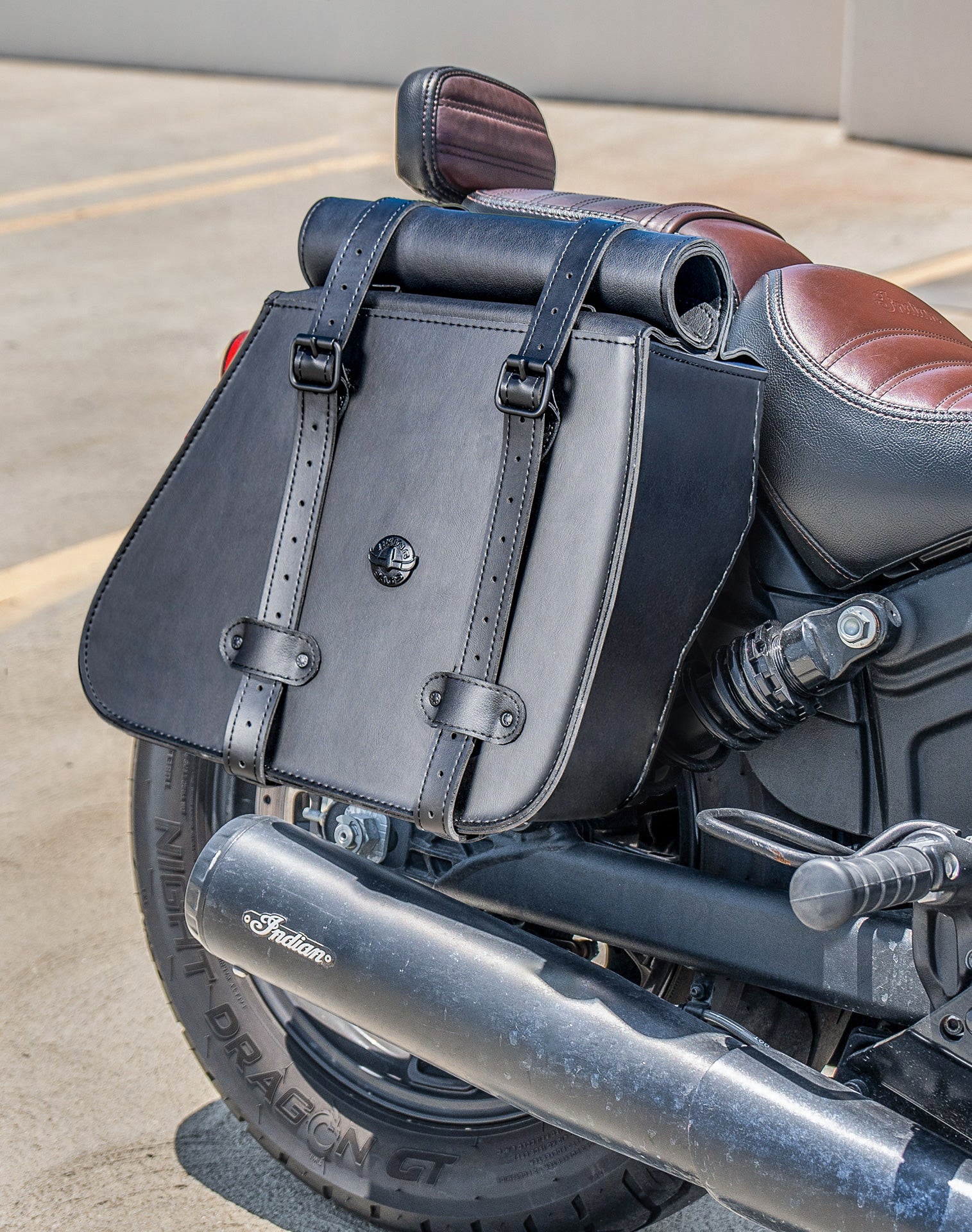 30L - SpiritBlade Roll-Top Large Indian Scout Rogue Sixty Motorcycle Leather Saddlebags Vertical Lifestyle